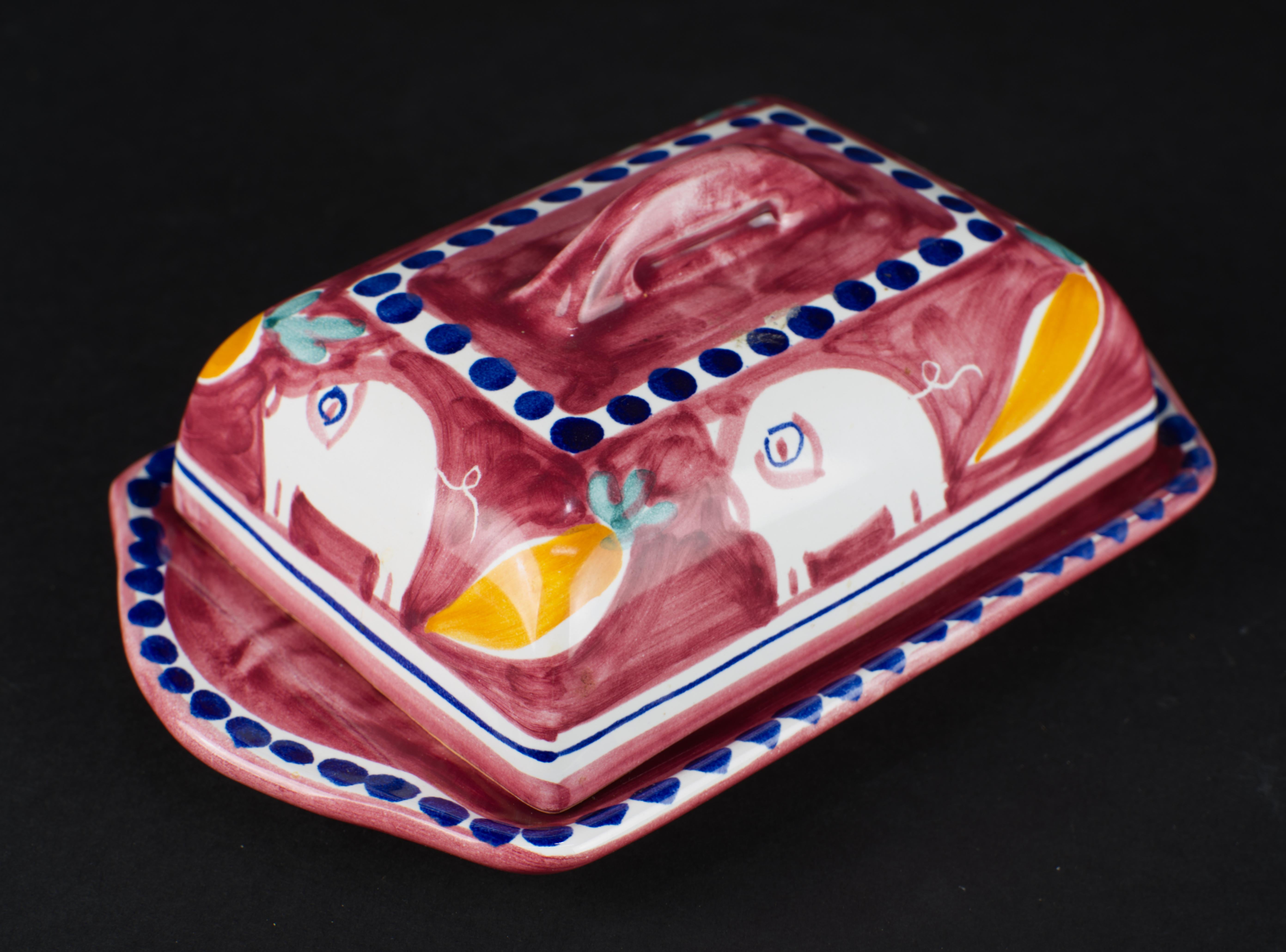 Solimene Vietri Decoro Campagna Porco Butter Dish and Tray Set, Italy For Sale 2