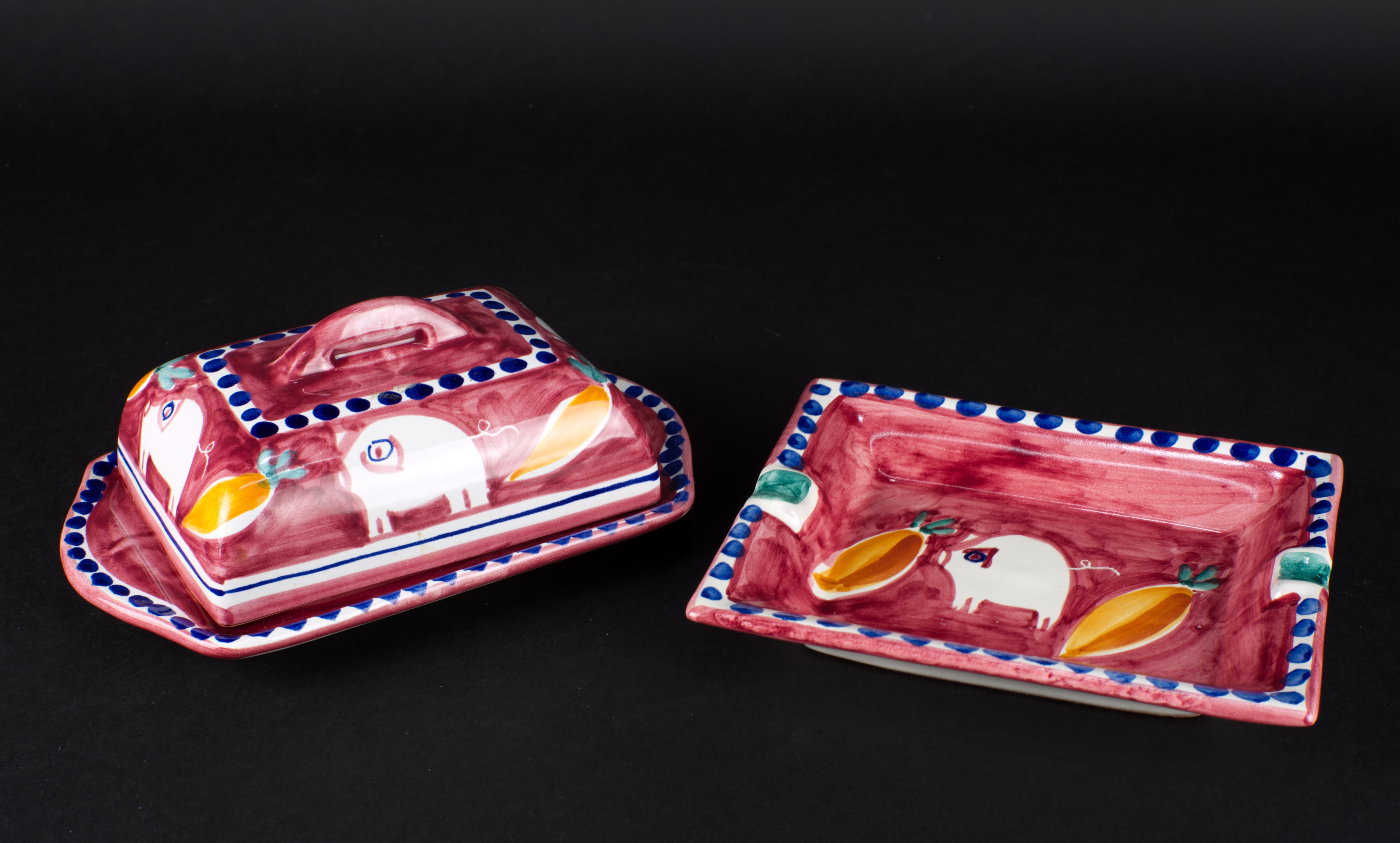  Set of butter dish and rectangular tray were handmade of high fired terra cotta by Ceramica Artistica Solimene in Vietri, Italy. The pieces are hand painted in their trademark Decoro Campagna (Country Style) pattern that consists of different