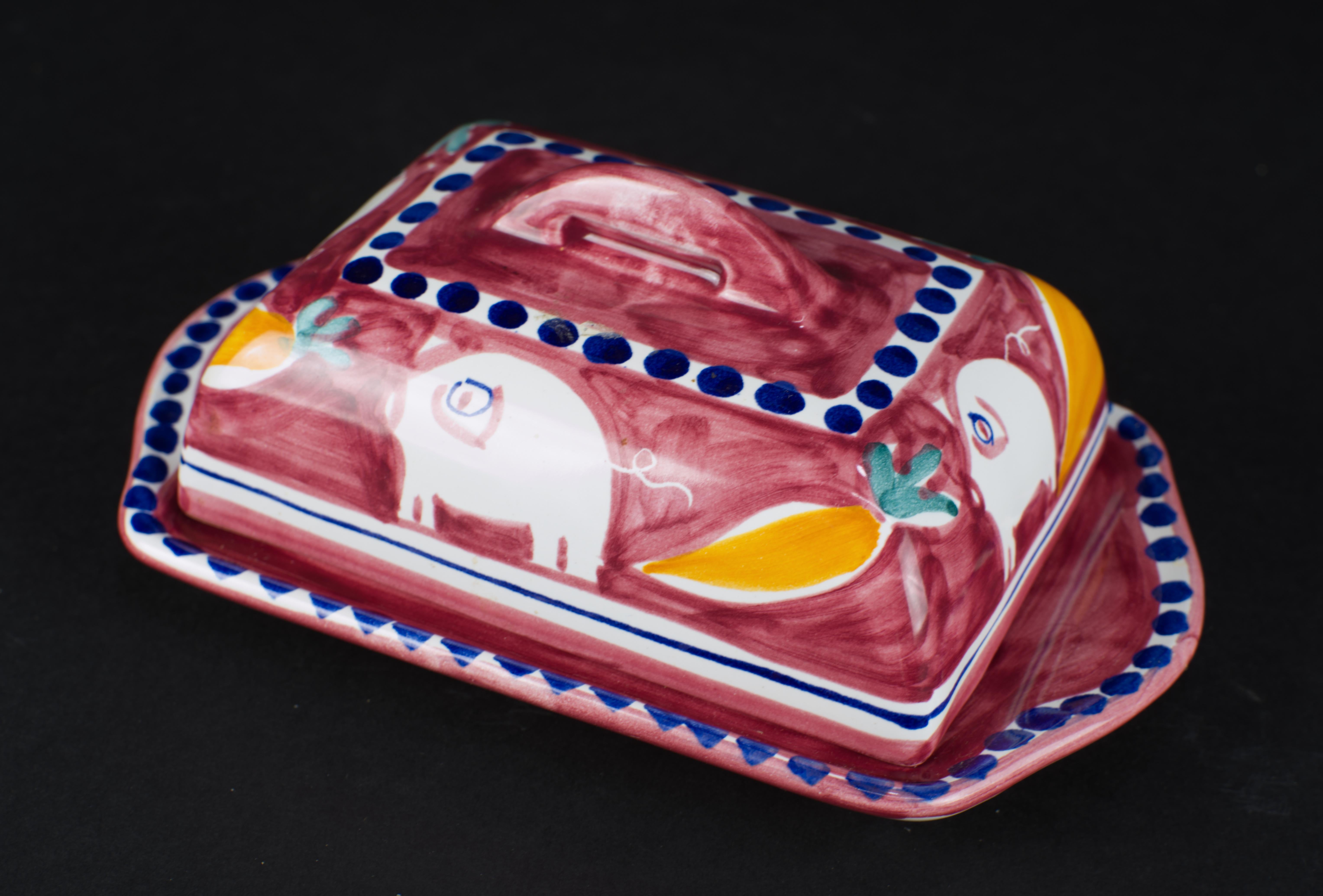 Ceramic Solimene Vietri Decoro Campagna Porco Butter Dish and Tray Set, Italy For Sale