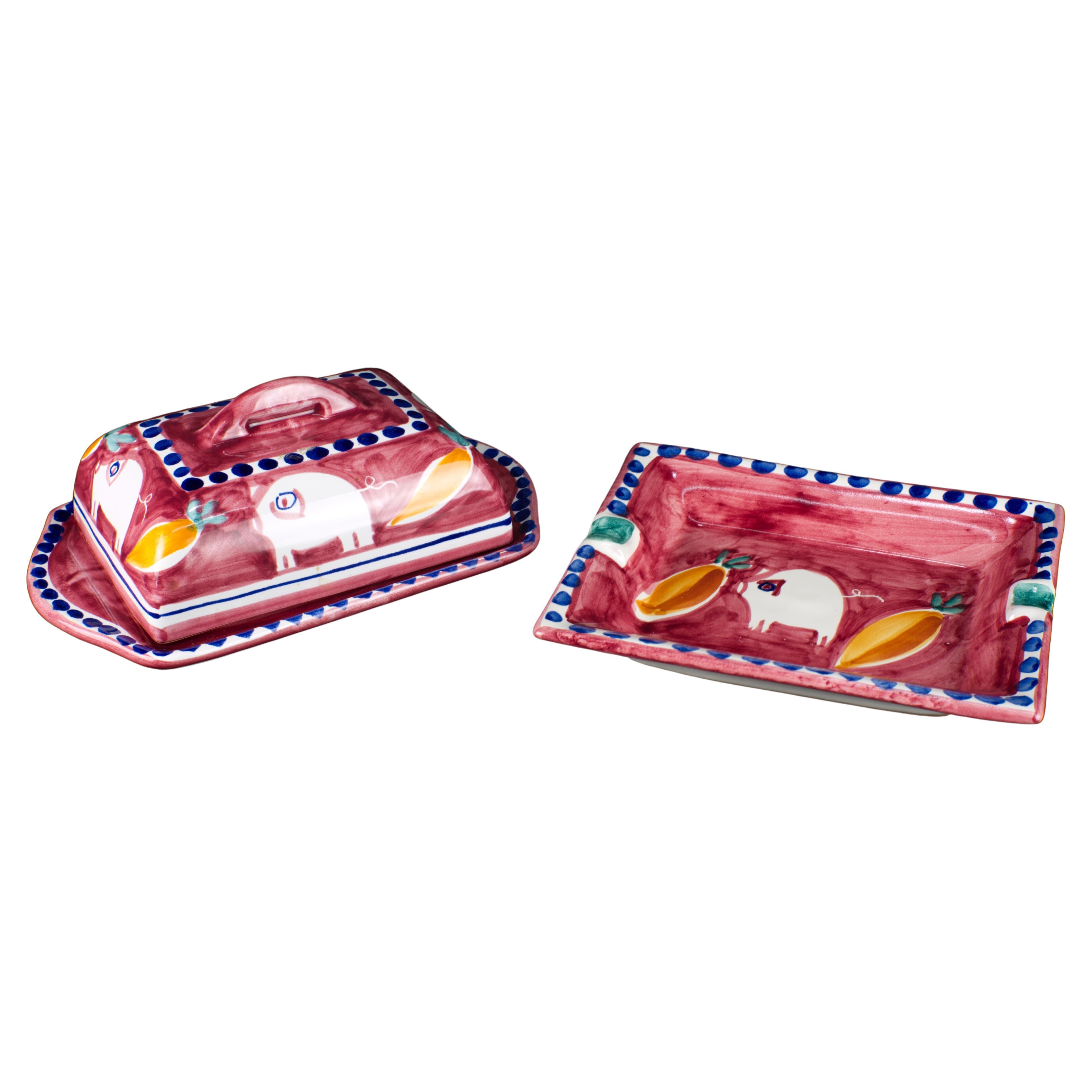 Solimene Vietri Decoro Campagna Porco Butter Dish and Tray Set, Italy For Sale