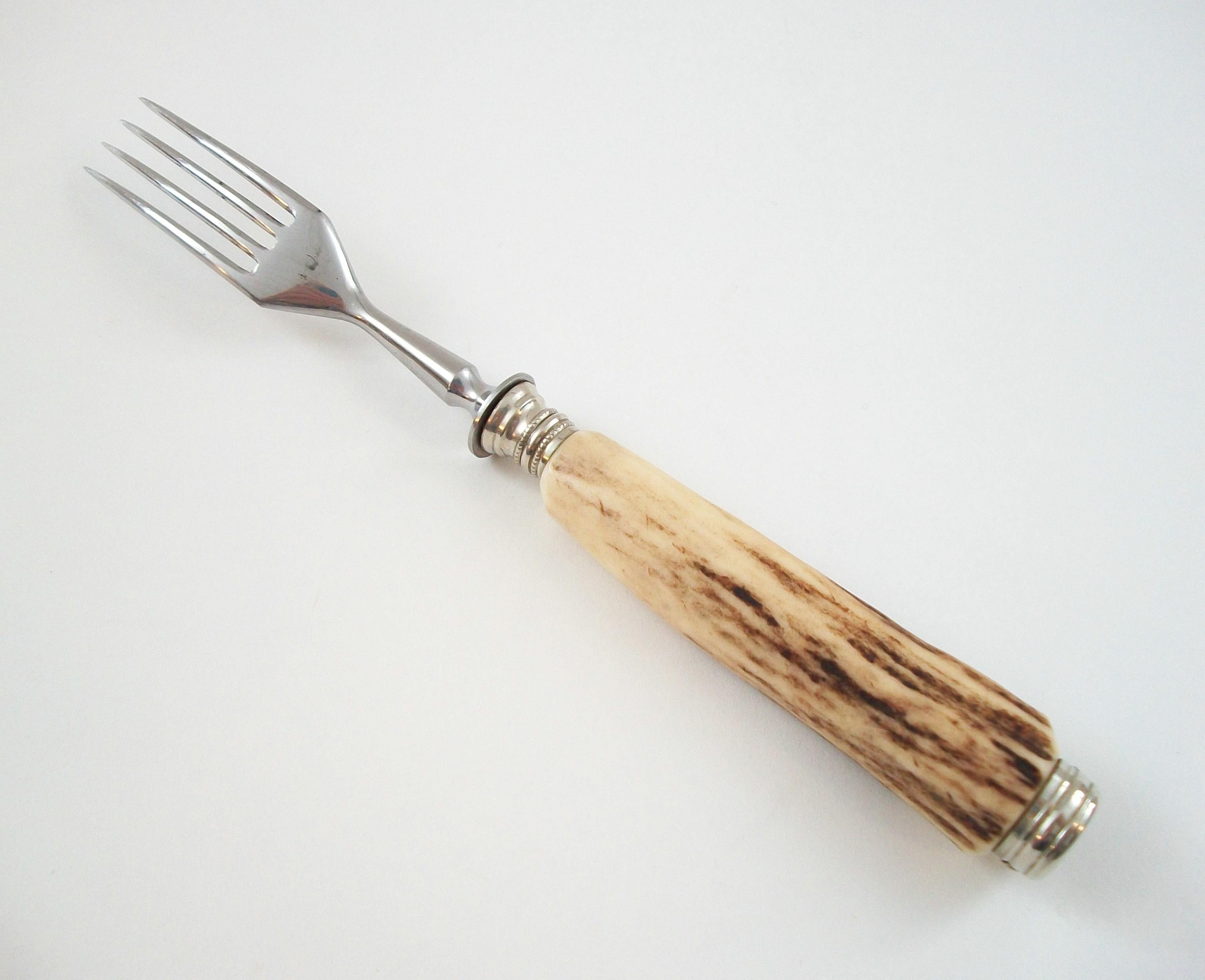 Rustic SOLINGEN - Antler Handled Stainless Steel Fork - Germany - Circa 1950's For Sale