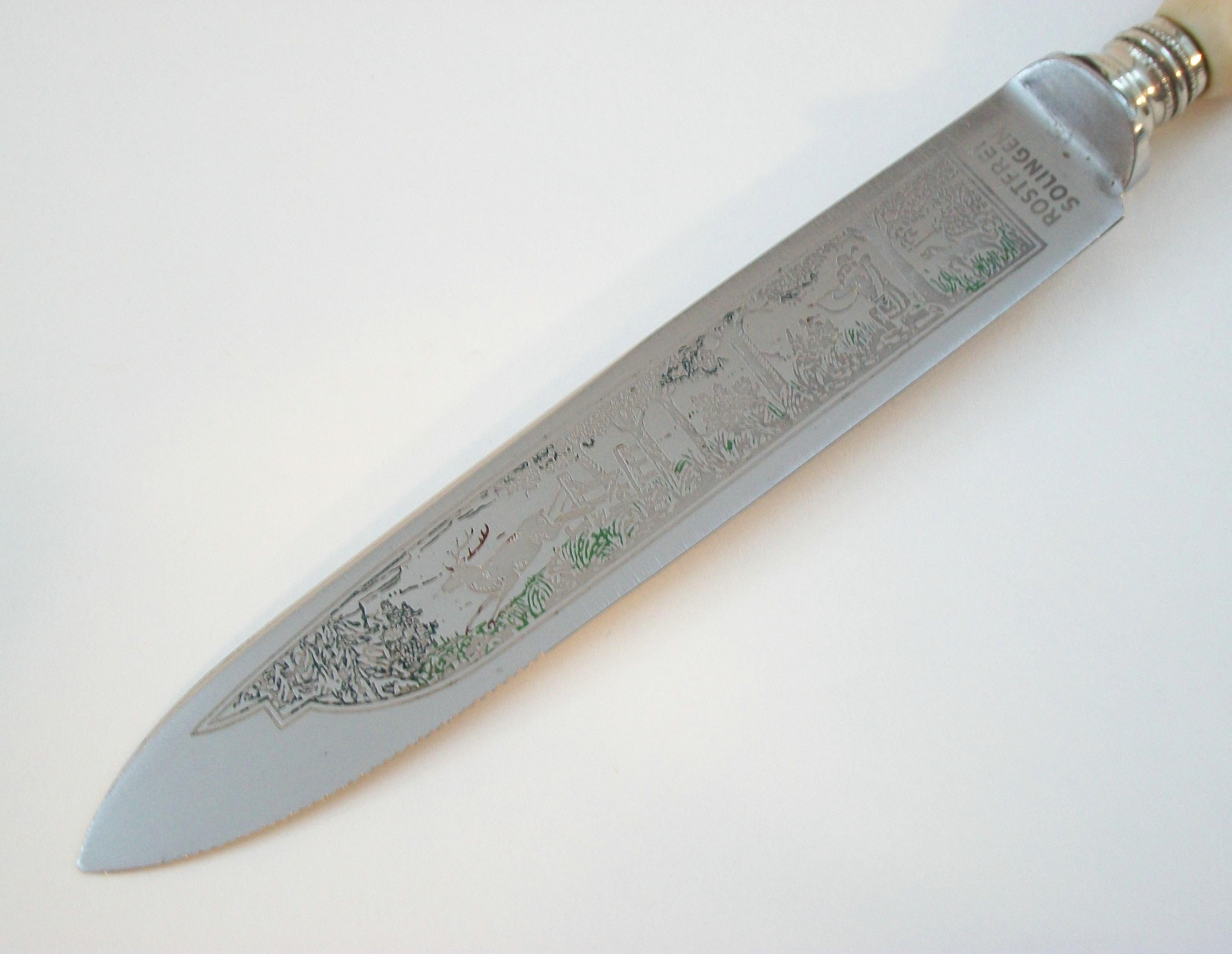 Hand-Crafted SOLINGEN - Antler Handled Steak Knife - Engraved Blade - Germany - Circa 1950's