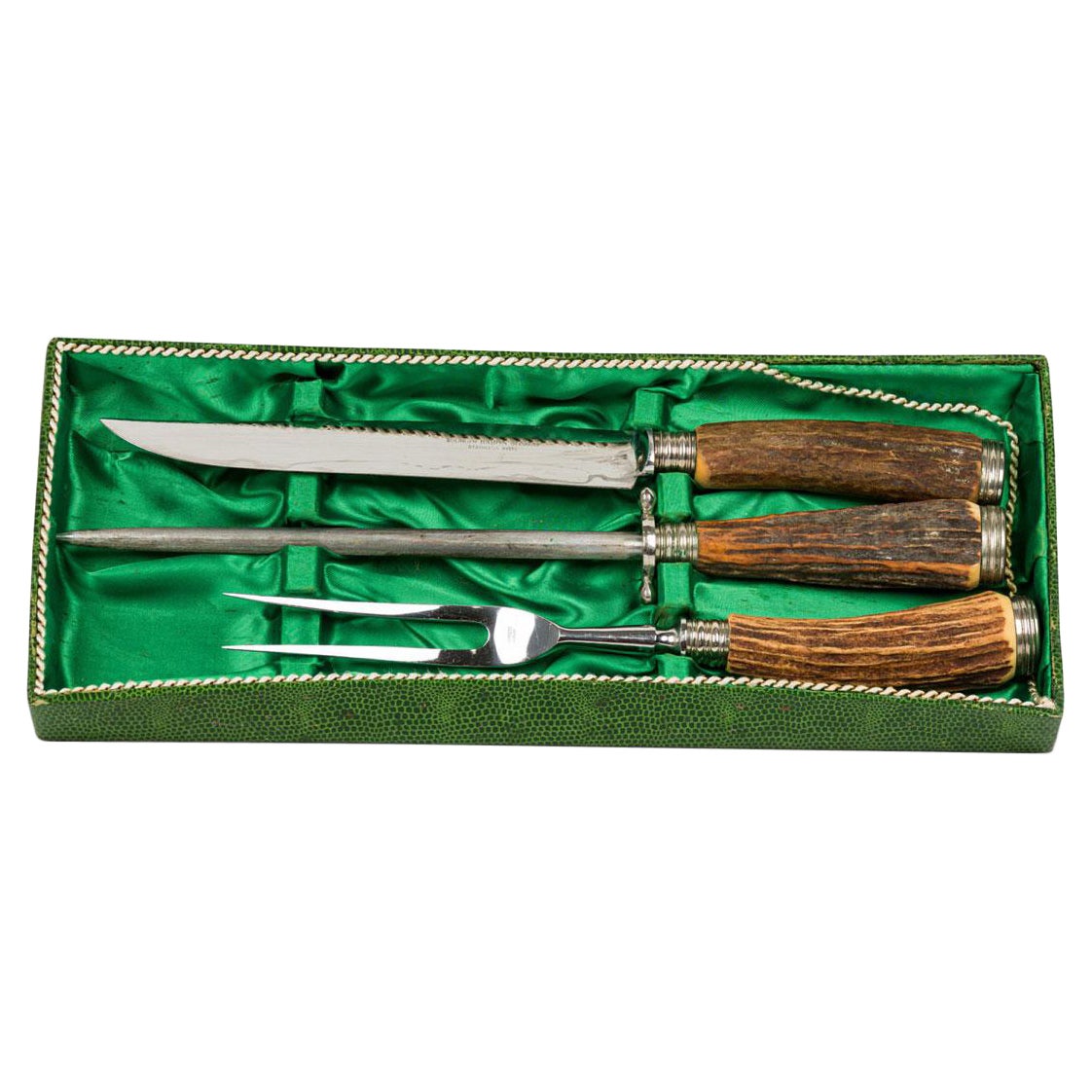 Solingen Baron Germany 3-Piece Rustic Horn Handle Silver Carving Utensil Set