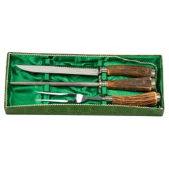 Solingen Baron Germany 3-Piece Rustic Horn Handle Silver Carving Utensil Set