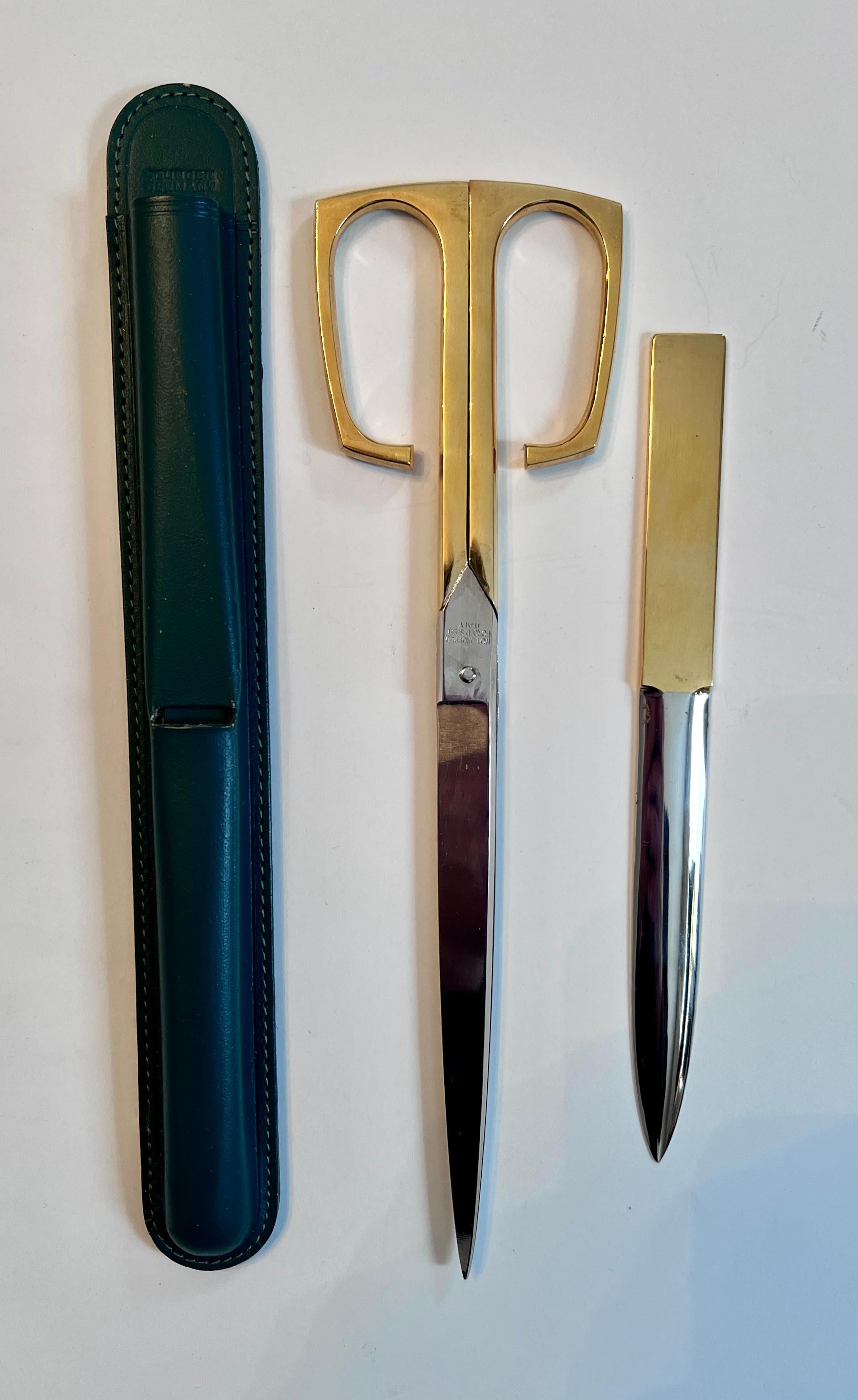 Mid-Century Modern Solingen German Scissors and Letter Opener in Green Leather Case For Sale