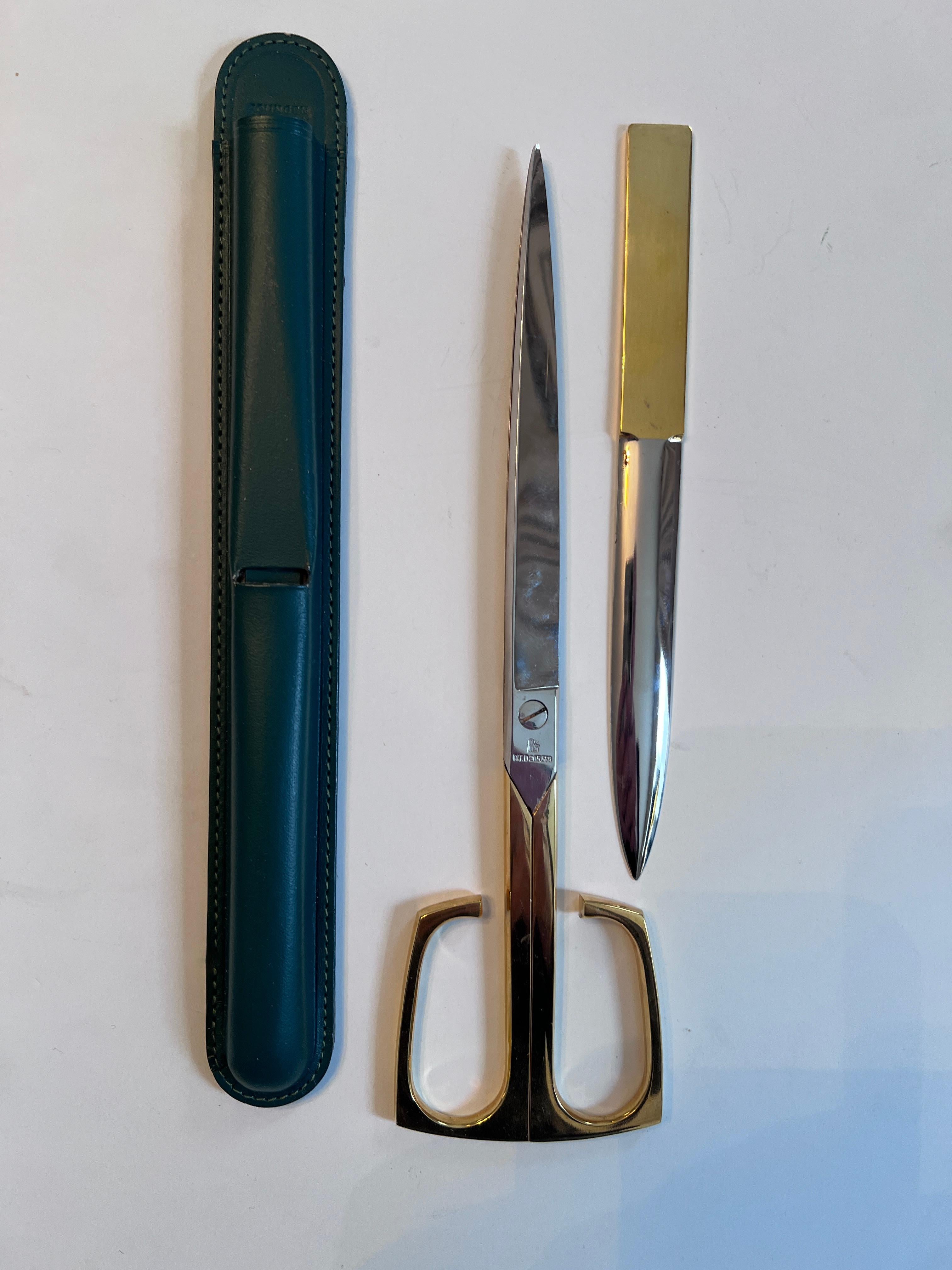 20th Century Solingen German Scissors and Letter Opener in Green Leather Case For Sale
