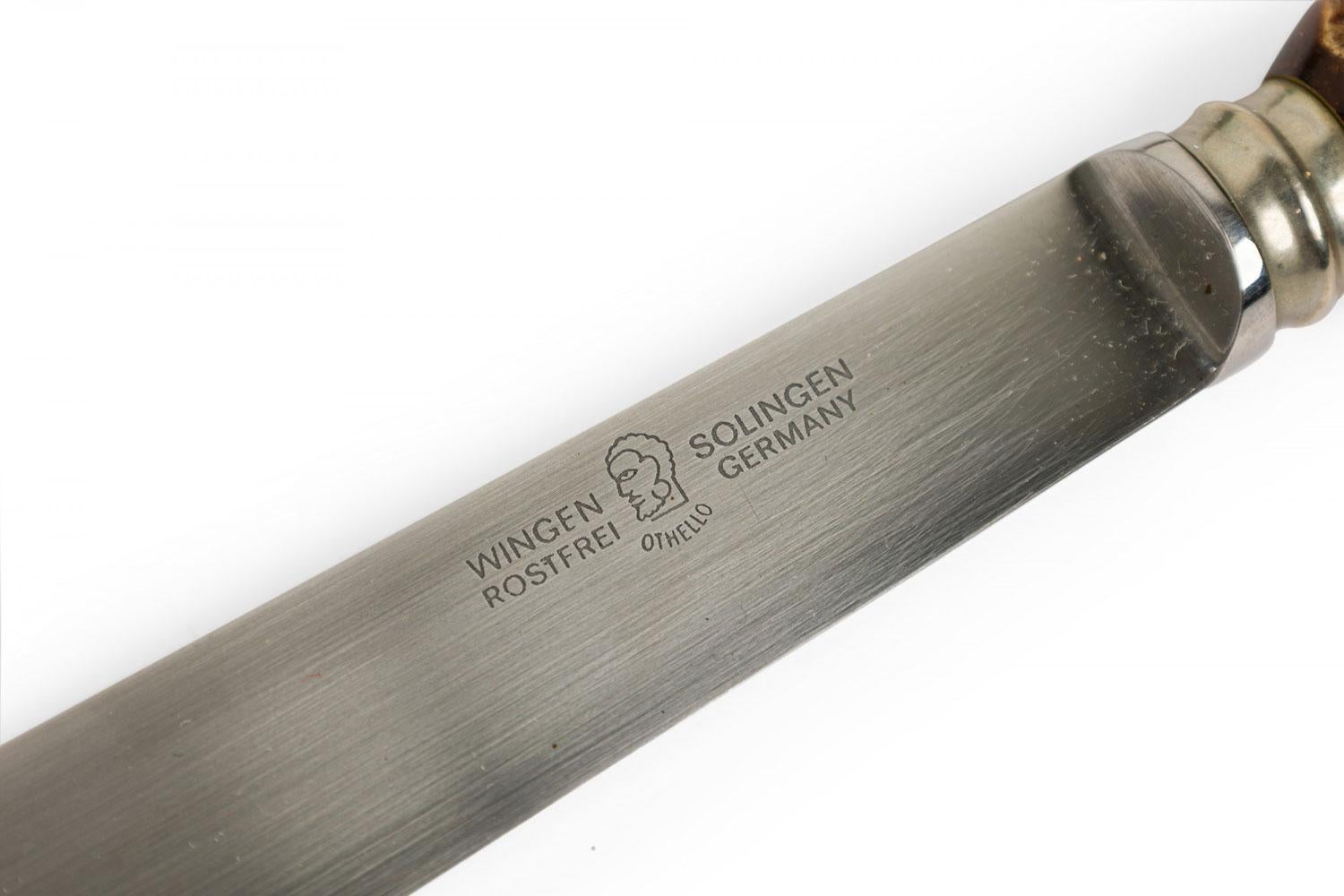 Solingen Othello Germany 3-Piece Rustic Horn Handle Silver Carving Utensil Set For Sale 1