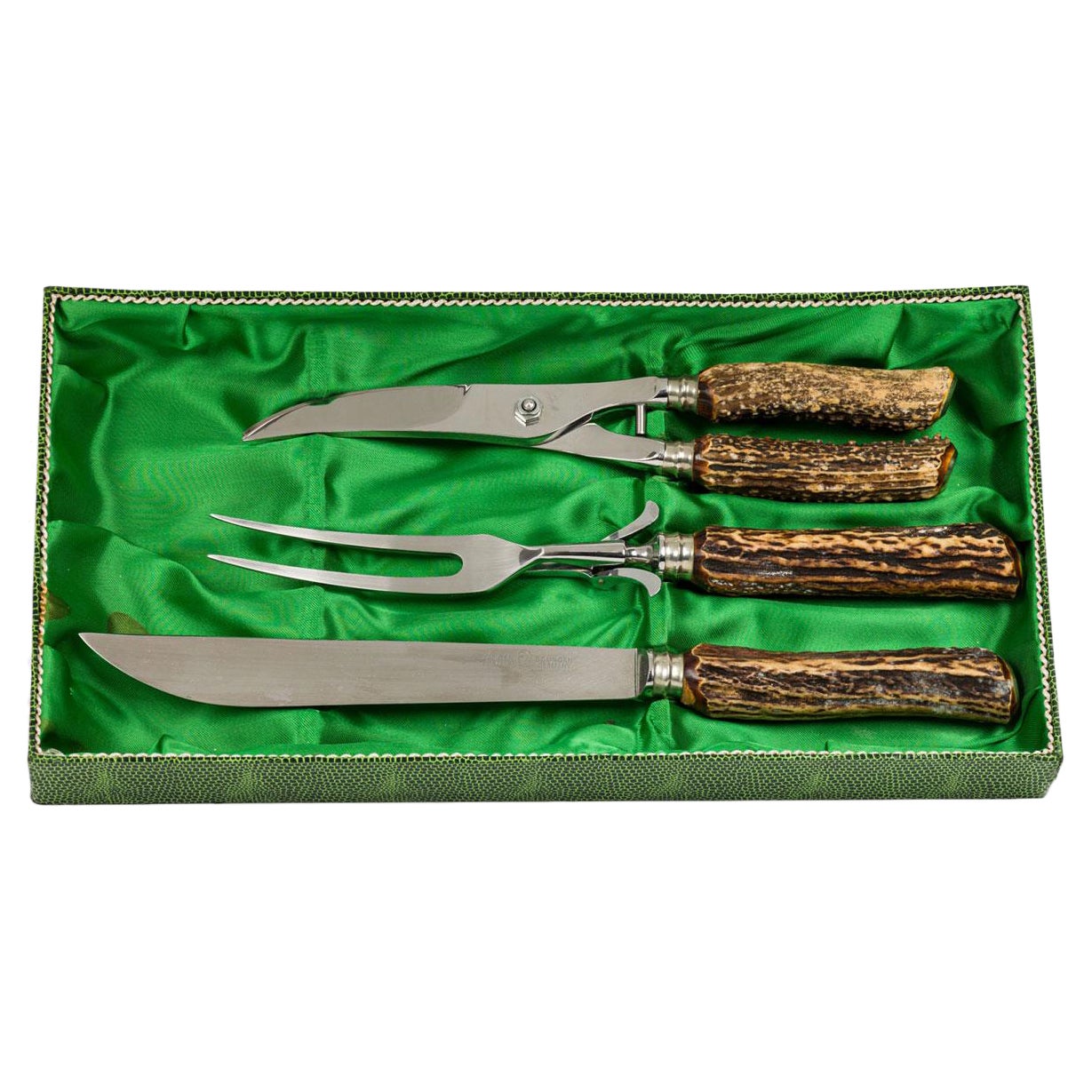 Solingen Othello Germany 3-Piece Rustic Horn Handle Silver Carving Utensil Set For Sale