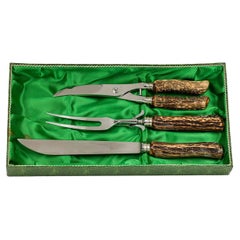 Solingen Othello Germany 3-Piece Rustic Horn Handle Silver Carving Utensil Set