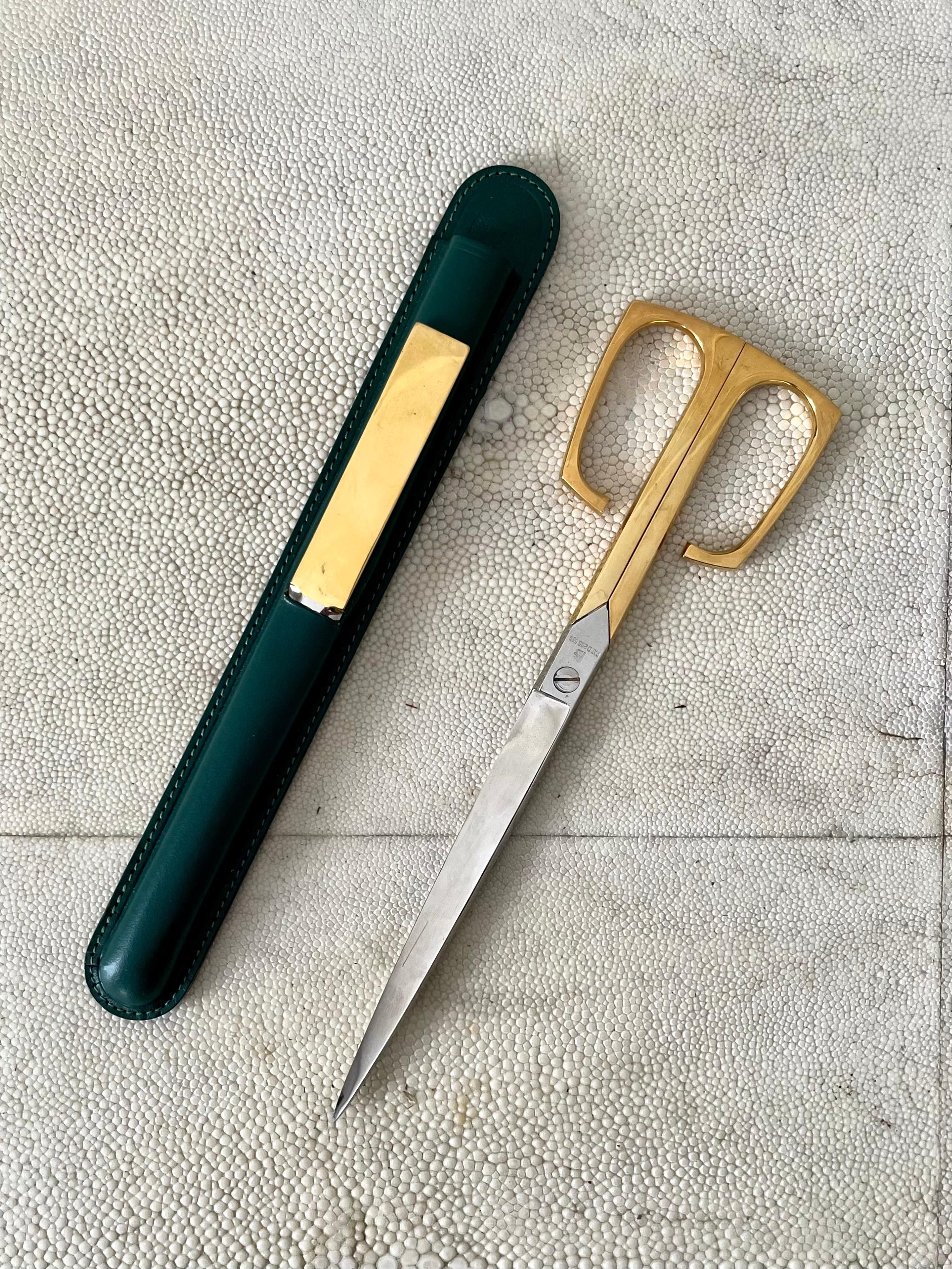 Mid-Century Modern Solingen Scissors and Letter Opener in Green Leather Case