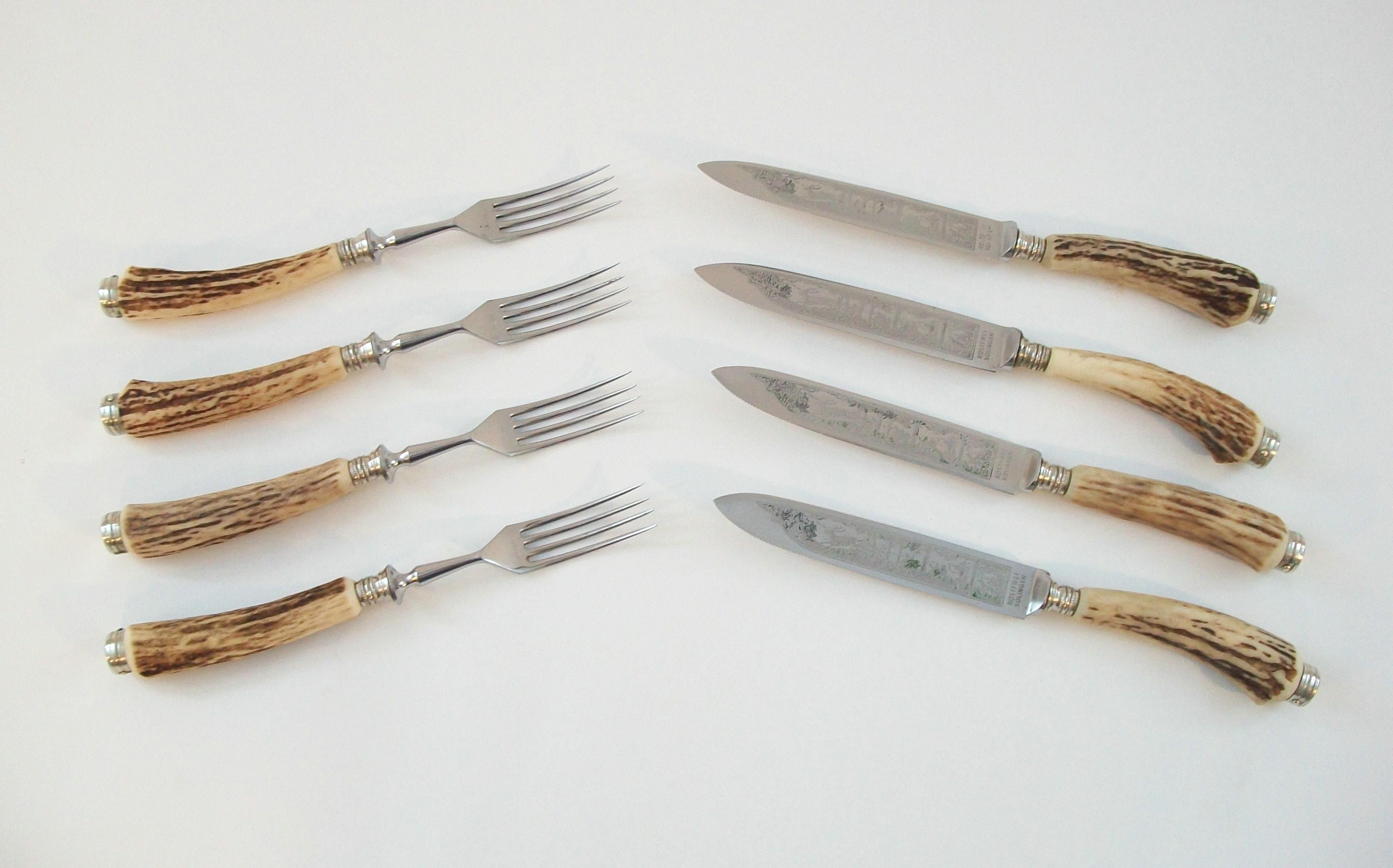 HUBERTUS SOLINGEN - Vintage set of four steak knives and forks - featuring antler handles and stainless steel engraved knife blades - each piece signed - Germany - circa 1950's.

Excellent vintage condition - surface scratches - enamel loss - no