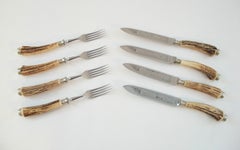 SOLINGEN - Ensemble de 4 couteaux et fourchettes à steak à manche en Horn - Allemagne - Circa 1950's