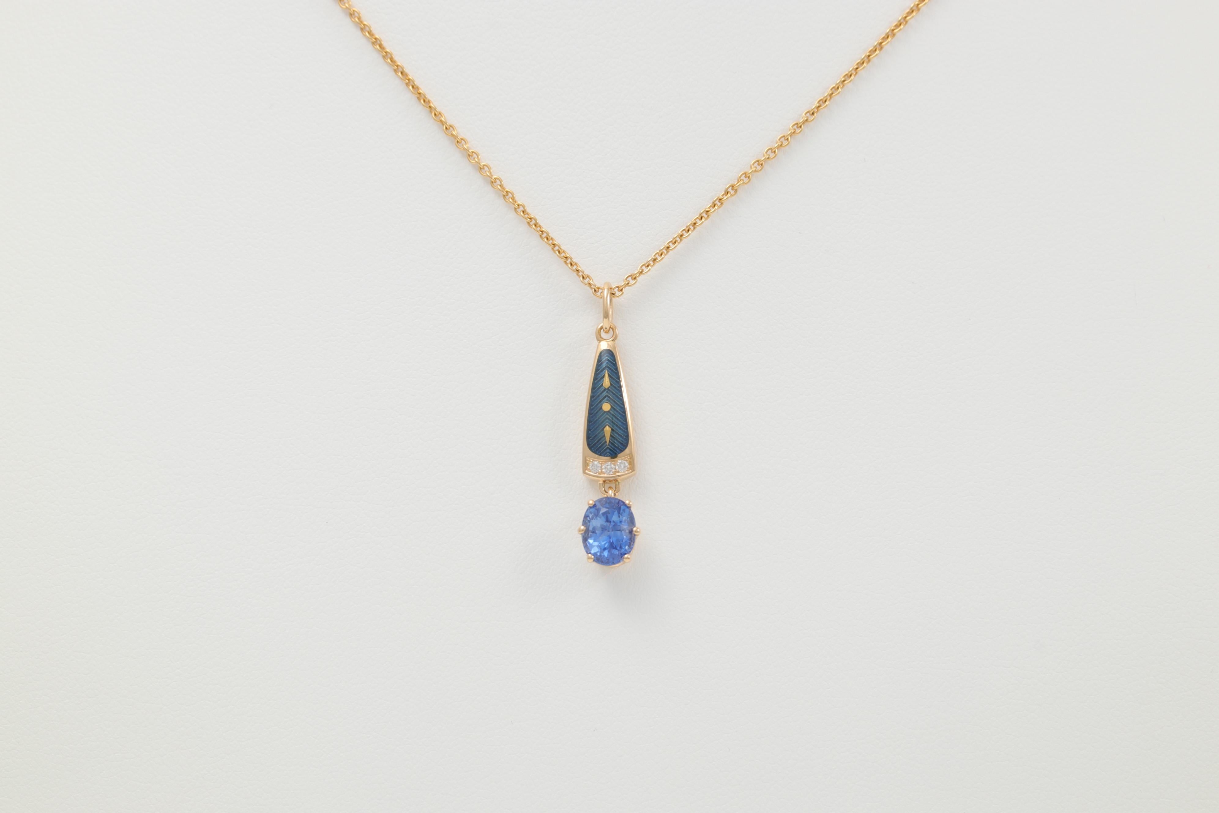 Brilliant Cut Solitair Pendant 18k Yellow Gold, Blue Sapphire, Enamel, 3 Diamonds 0.03ct GVS For Sale