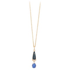 Solitair Pendant 18k Yellow Gold, Blue Sapphire, Enamel, 3 Diamonds 0.03ct GVS