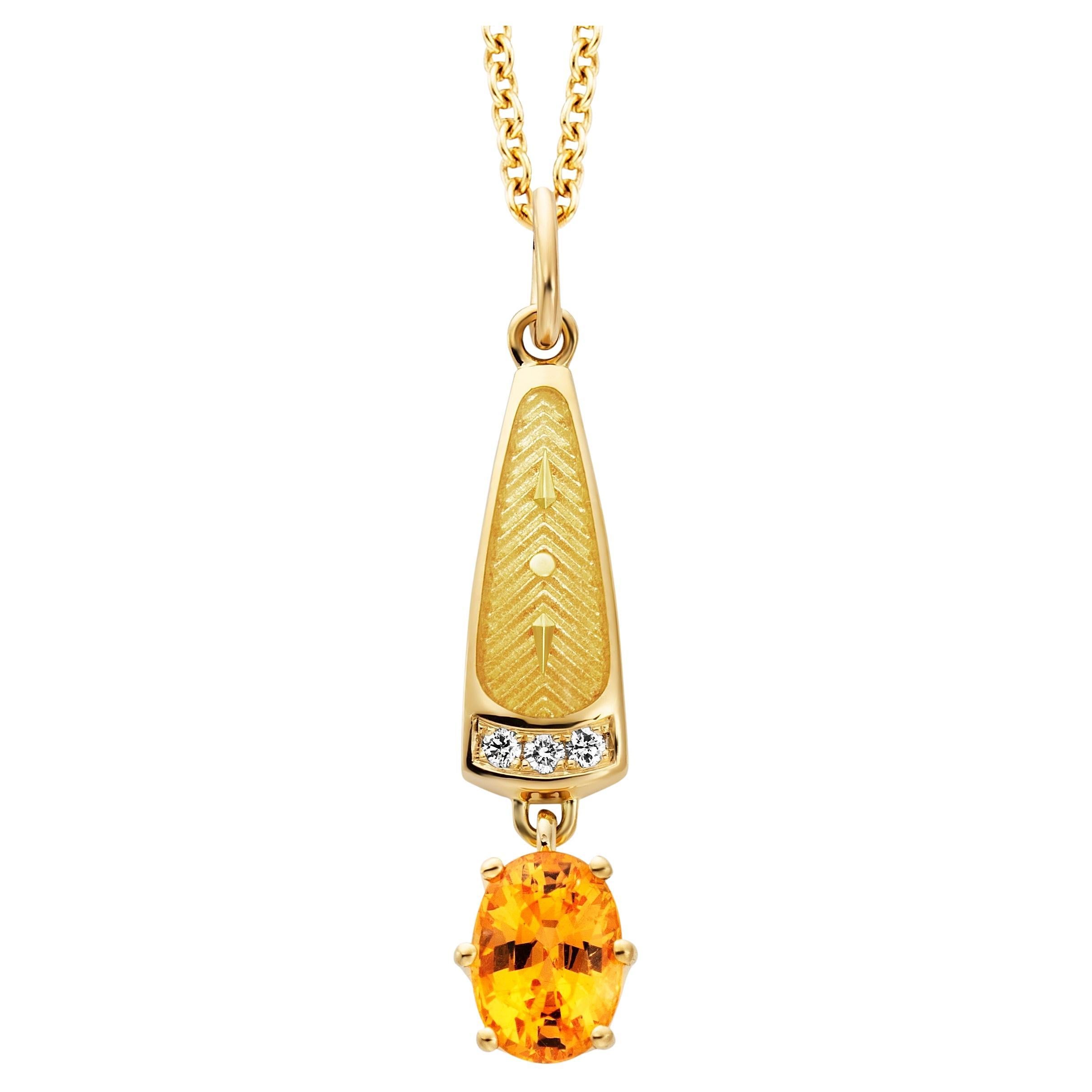 Solitair Pendant 18k Yellow Gold, Mandarin Garnet, Enamel, 3 Diamonds 0.03ct GVS