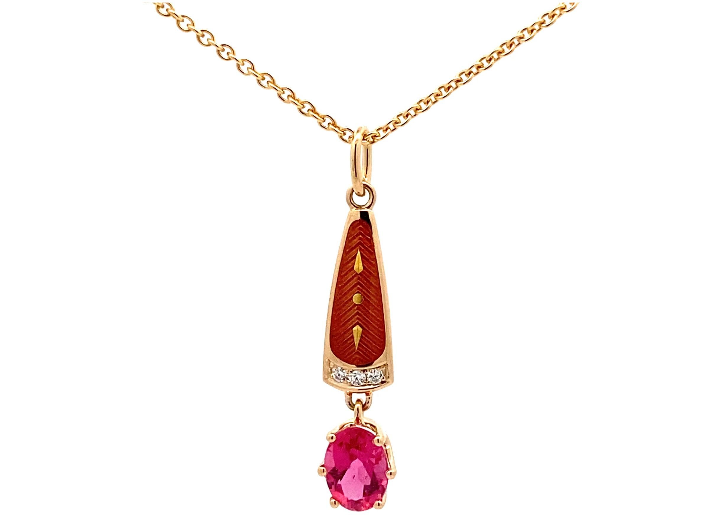 Taille brillant Pendentif Solitair en or jaune 18 carats, tourmaline rose, émail, 3 diamants 0,03 carat GVS en vente