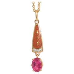 Solitair Pendant 18k Yellow Gold, Pink Tourmaline, Enamel, 3 Diamonds 0.03ct GVS