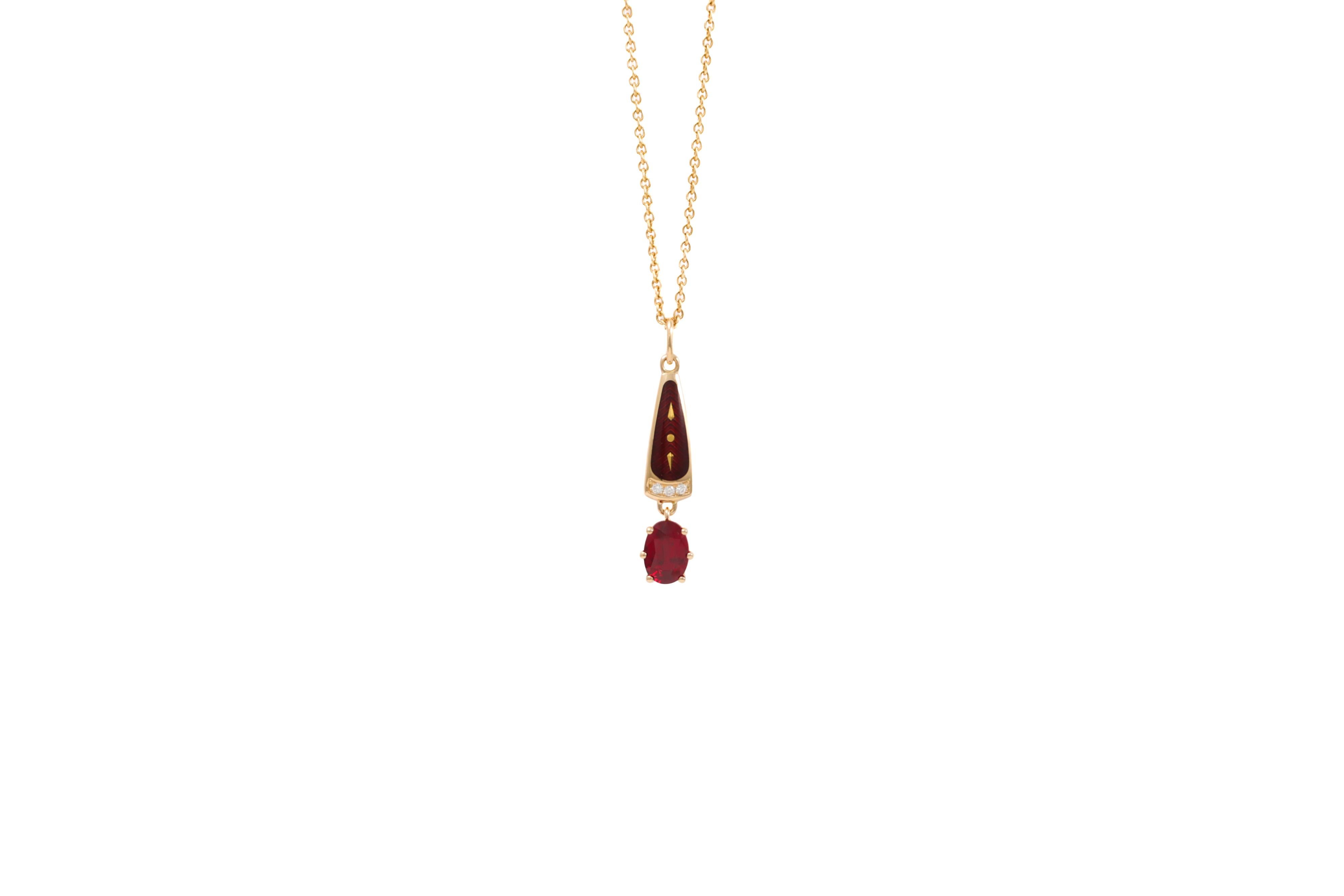 Pendentif Victor Mayer, collection solitaire, or jaune 18k, rubis, émail vitrifié rouge, 3 diamants, total 0.03 ct, G VS

Référence : V1776/RT/02/02/102
Marque : VICTOR MAYER
Collectional : Solitaire
MATERIAL : Or jaune 18 carats, 
Émail vitrifié :