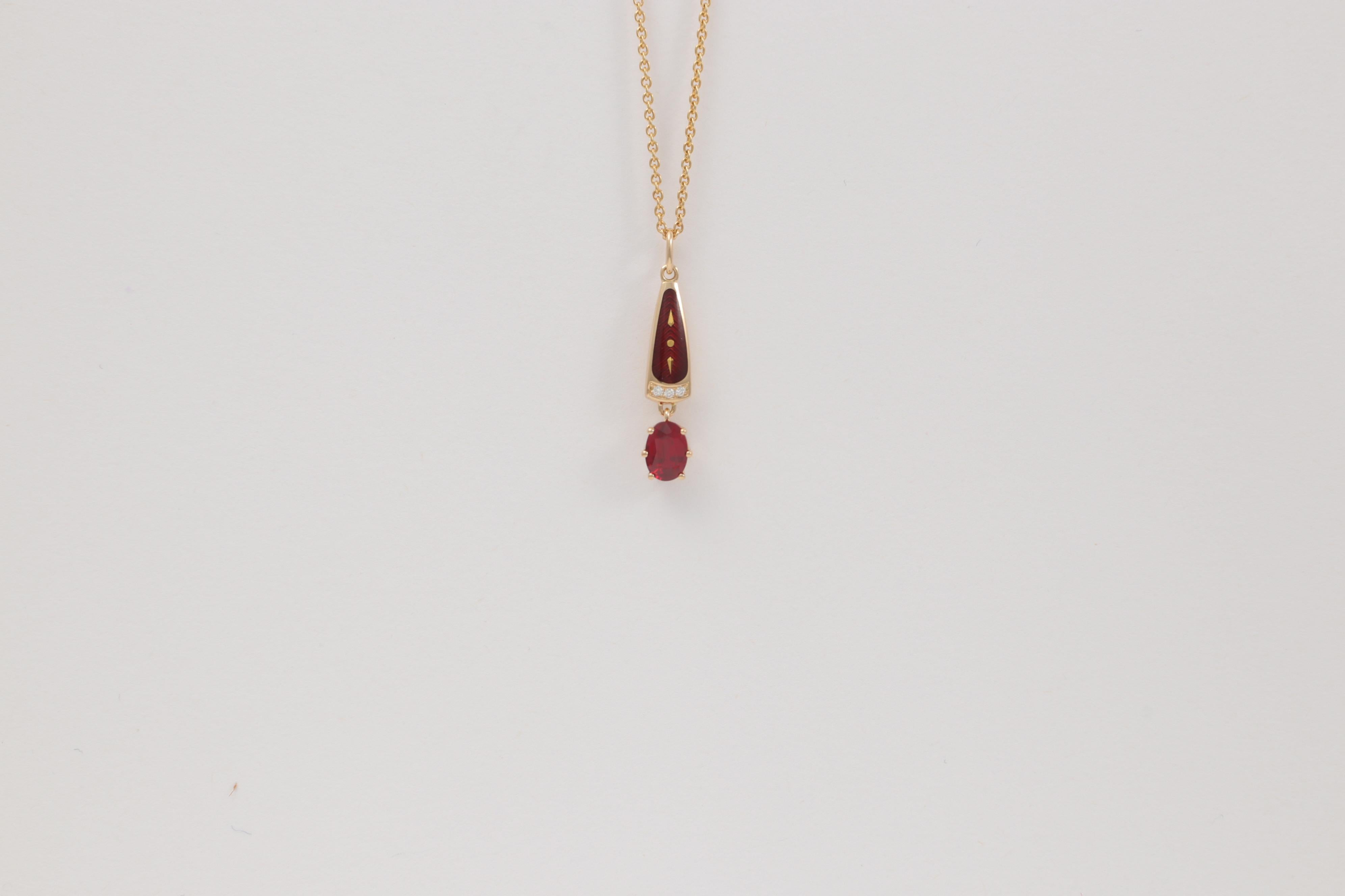 Contemporain Pendentif Solitair en or jaune 18 carats, rubis, émail vitreux, 3 diamants 0,03 carat GVS en vente