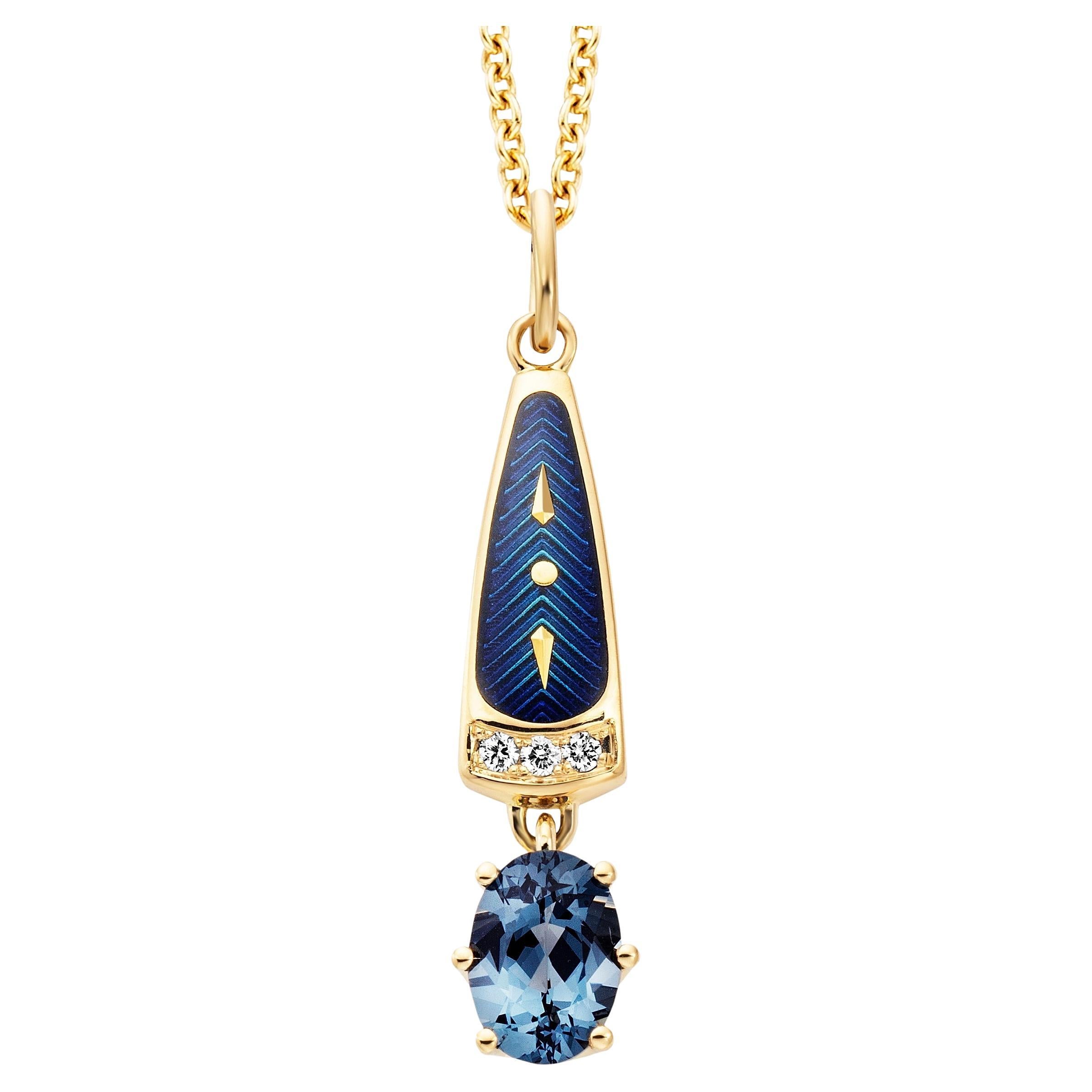 Solitair Pendant 18k Yellow Gold, Spinel, Petrol Enamel, 3 Diamonds 0.03ct GVS