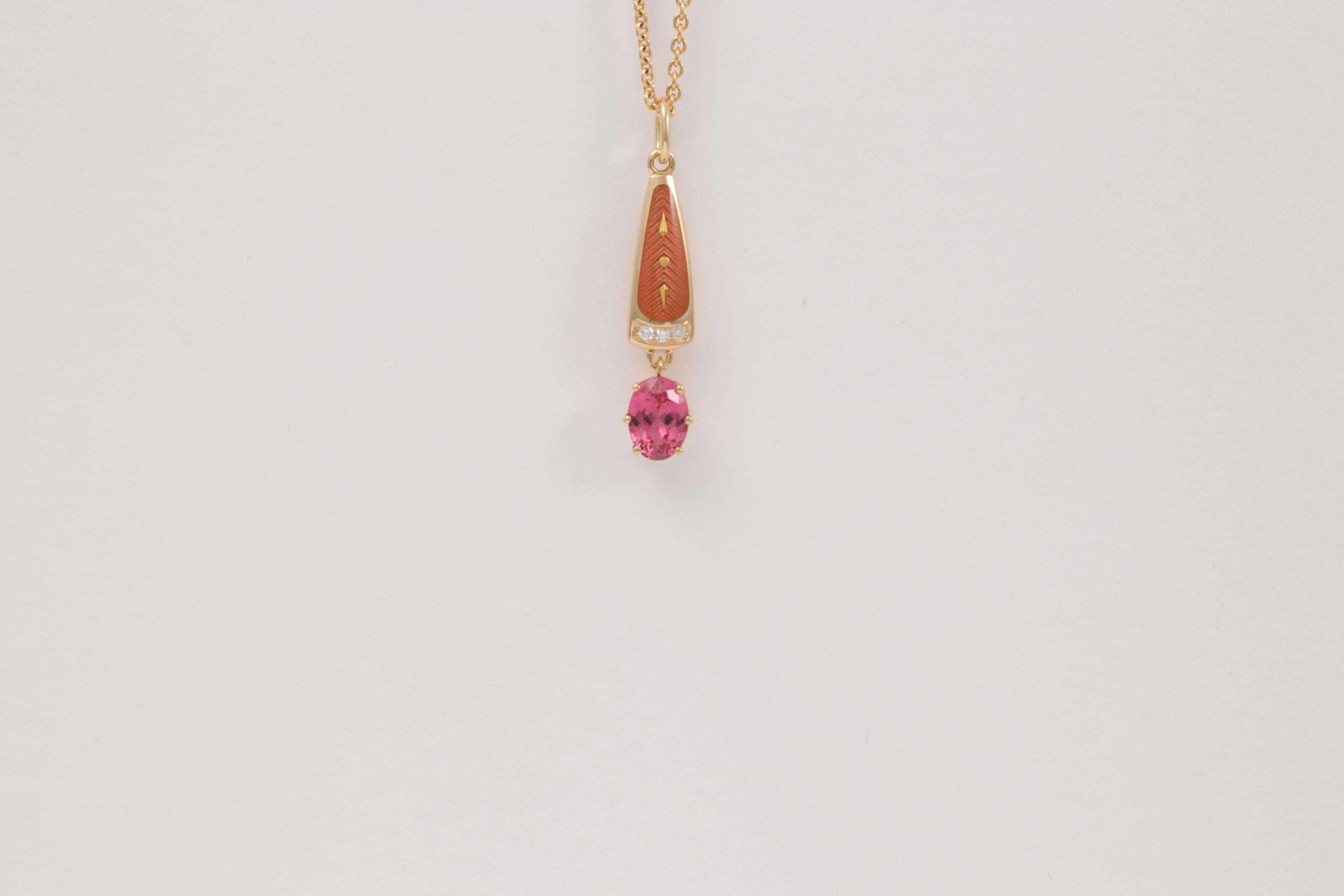 Taille brillant Pendentif Solitair en or jaune 18 carats, rouge spinelle, émail, 3 diamants 0,03 carat GVS en vente