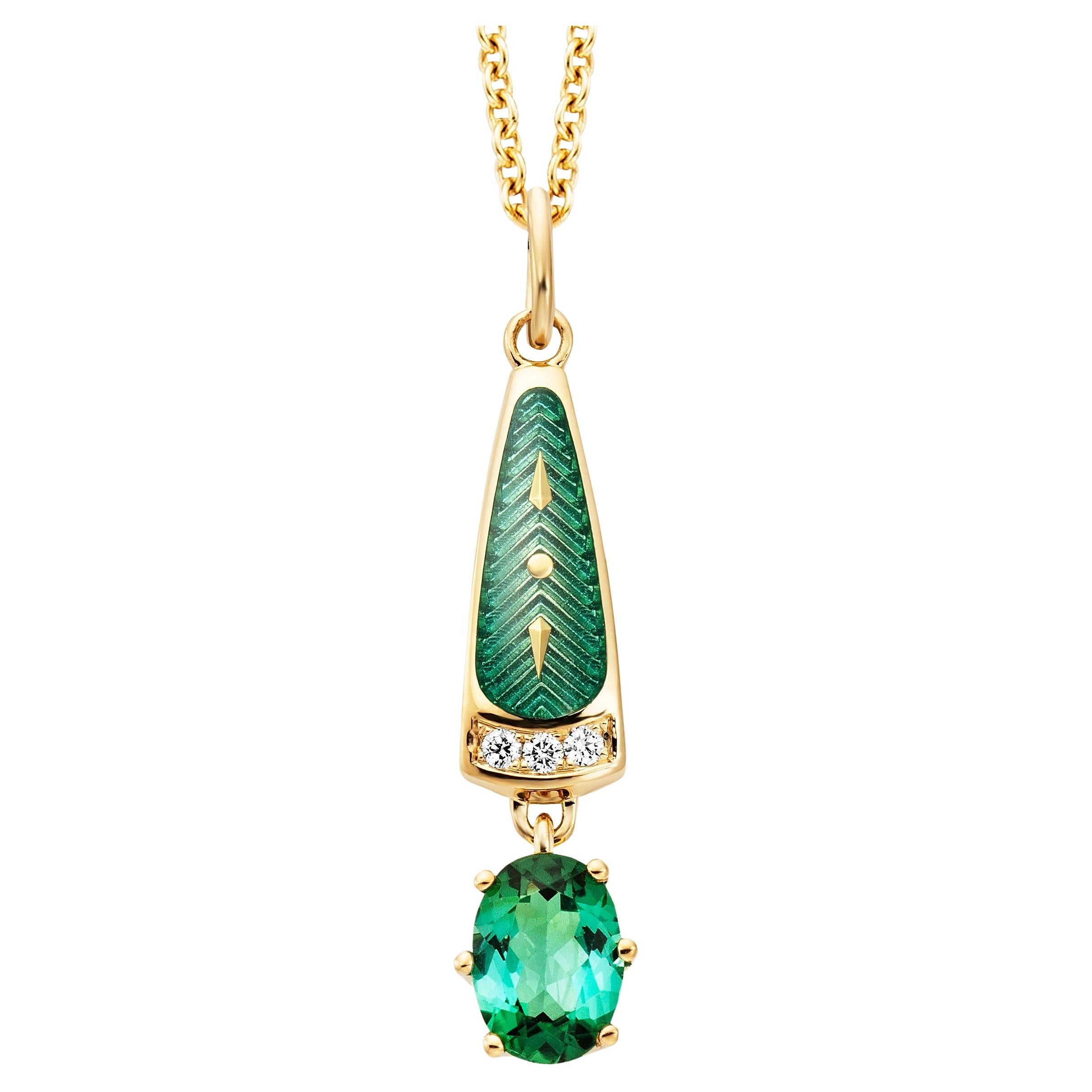 Solitair Pendant 18k Yellow Gold, Tourmaline, Enamel, 3 Diamonds 0.03ct GVS