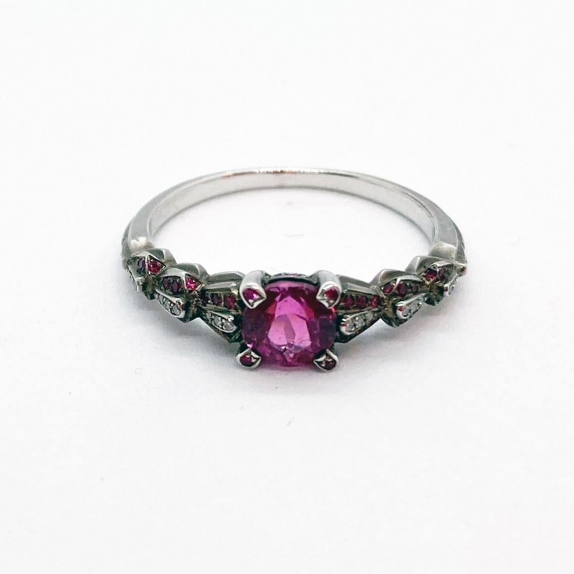 Round Cut Solitaire 18 Karat White Gold Ring with Pink Tourmaline Pink Sapphires Diamonds For Sale