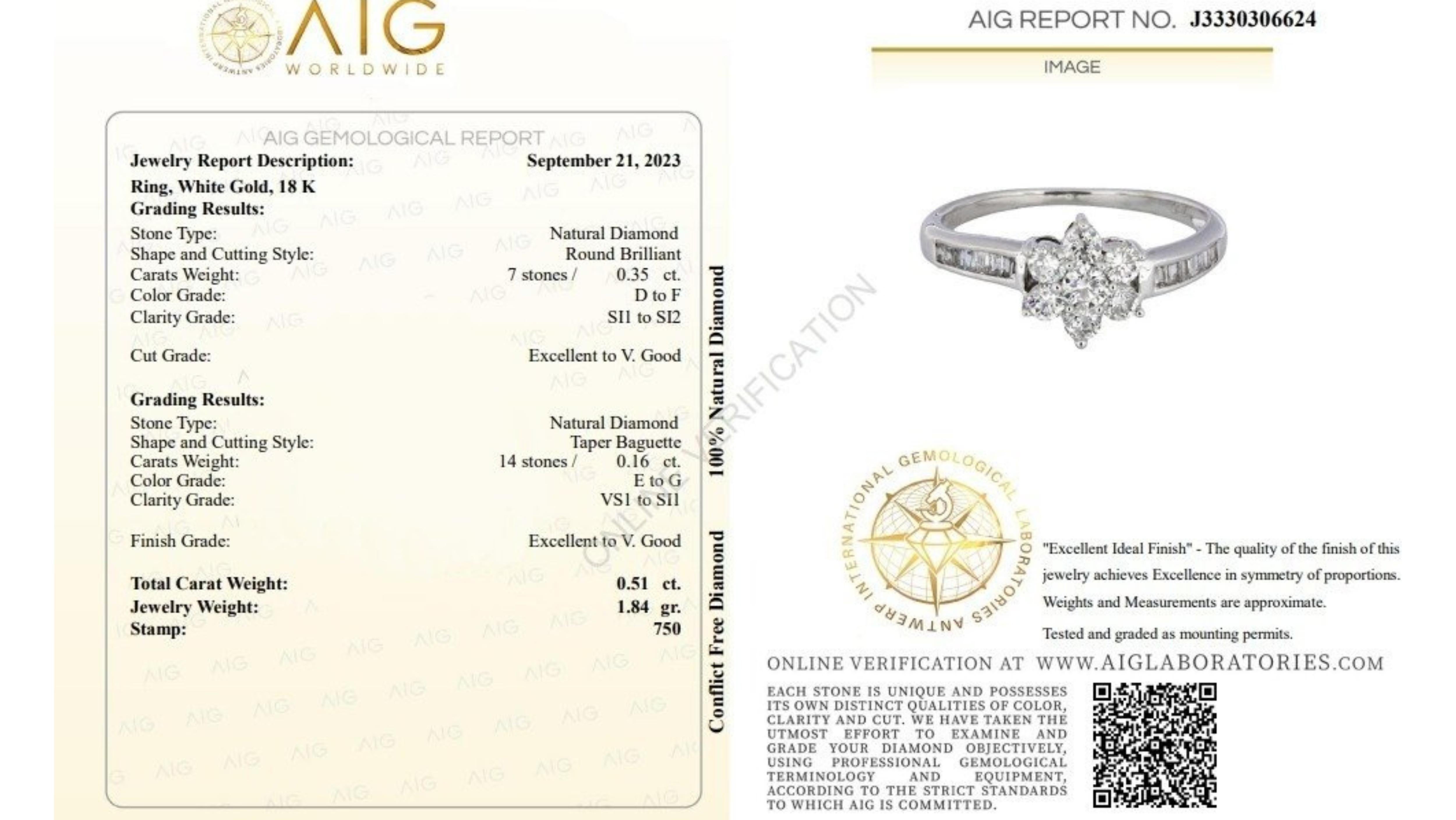 This lovely flower ring features a dazzling 0.45 carat marquise natural diamond, set in a beautiful flower motif. The ring is crafted in 18K white gold and has a high quality polish. It comes with an AIG certificate and a nice jewelry box.

The
