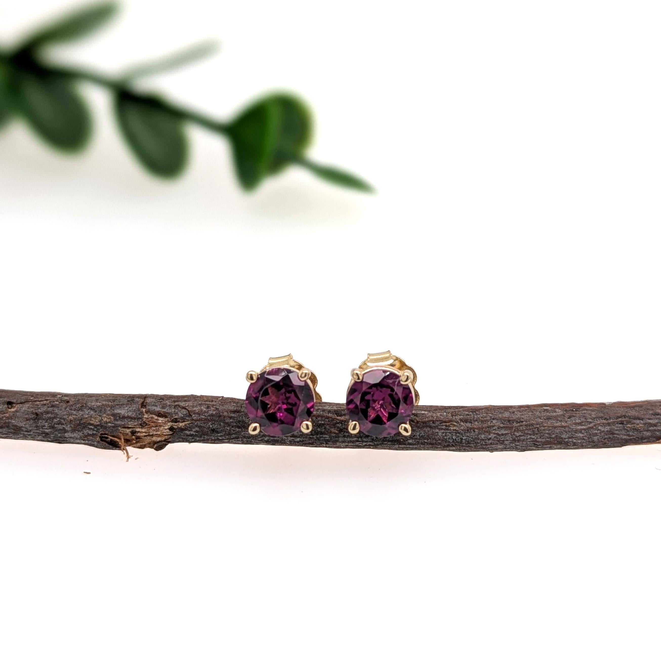Queste borchie solitarie rotonde da 4 mm sono caratterizzate da granati rodoliti naturali del Madagascar (1,22 carati in totale), incastonati in oro massiccio 14K. Il classico design a 4 punte li mantiene saldi, mostrando al contempo il loro