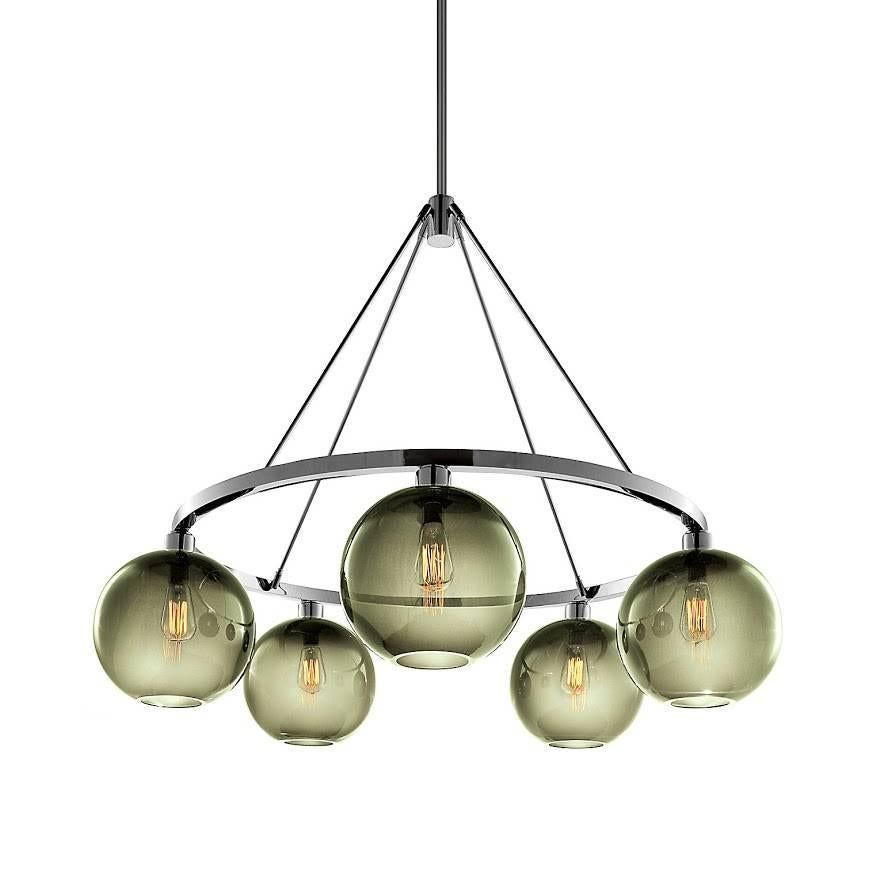 Solitaire Amber Handblown Modern Glass Polished Nickel Chandelier Light For Sale 2