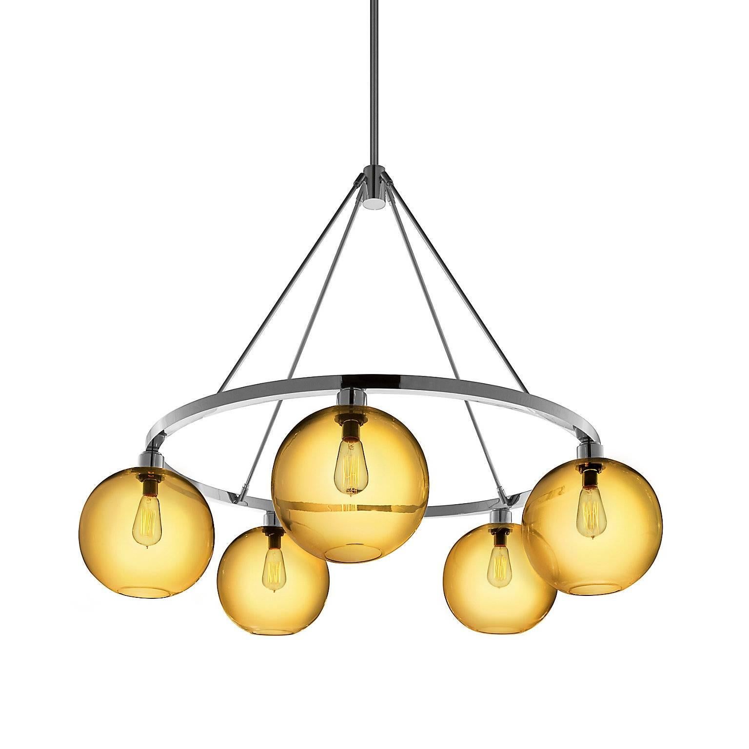 Solitaire Amber Handblown Modern Glass Polished Nickel Chandelier Light For Sale