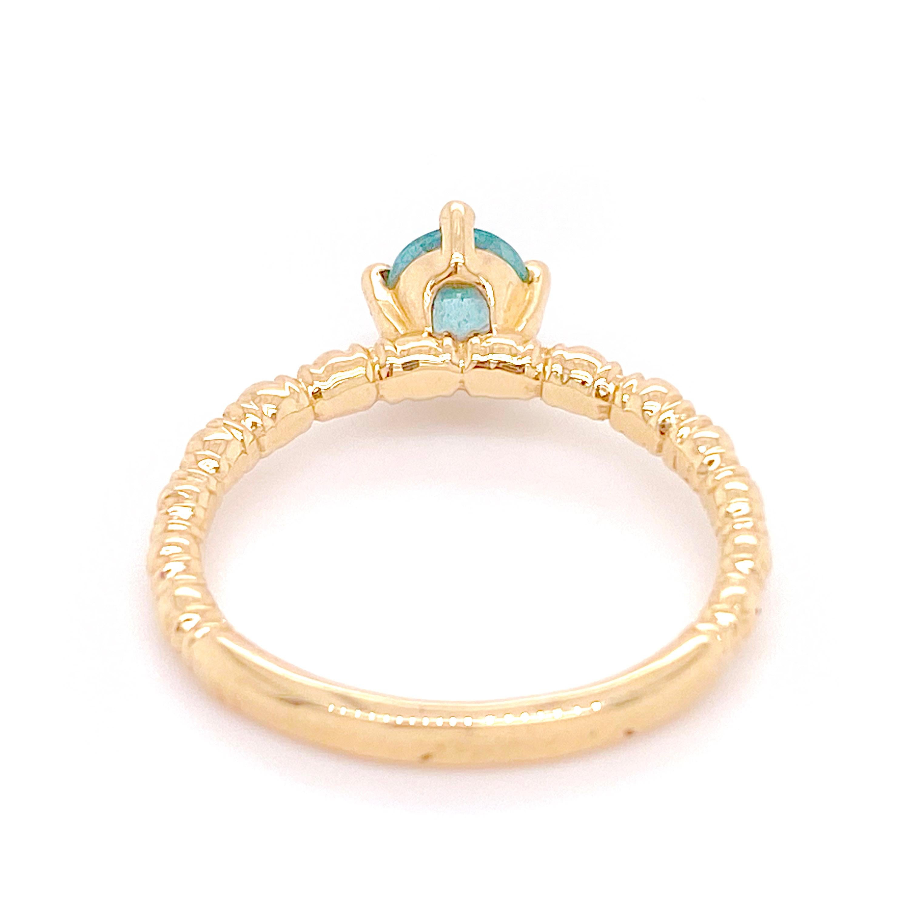 Contemporary Solitaire Apatite Ring, Yellow Gold, Textured Band with Genuine Vibrant Apatite For Sale