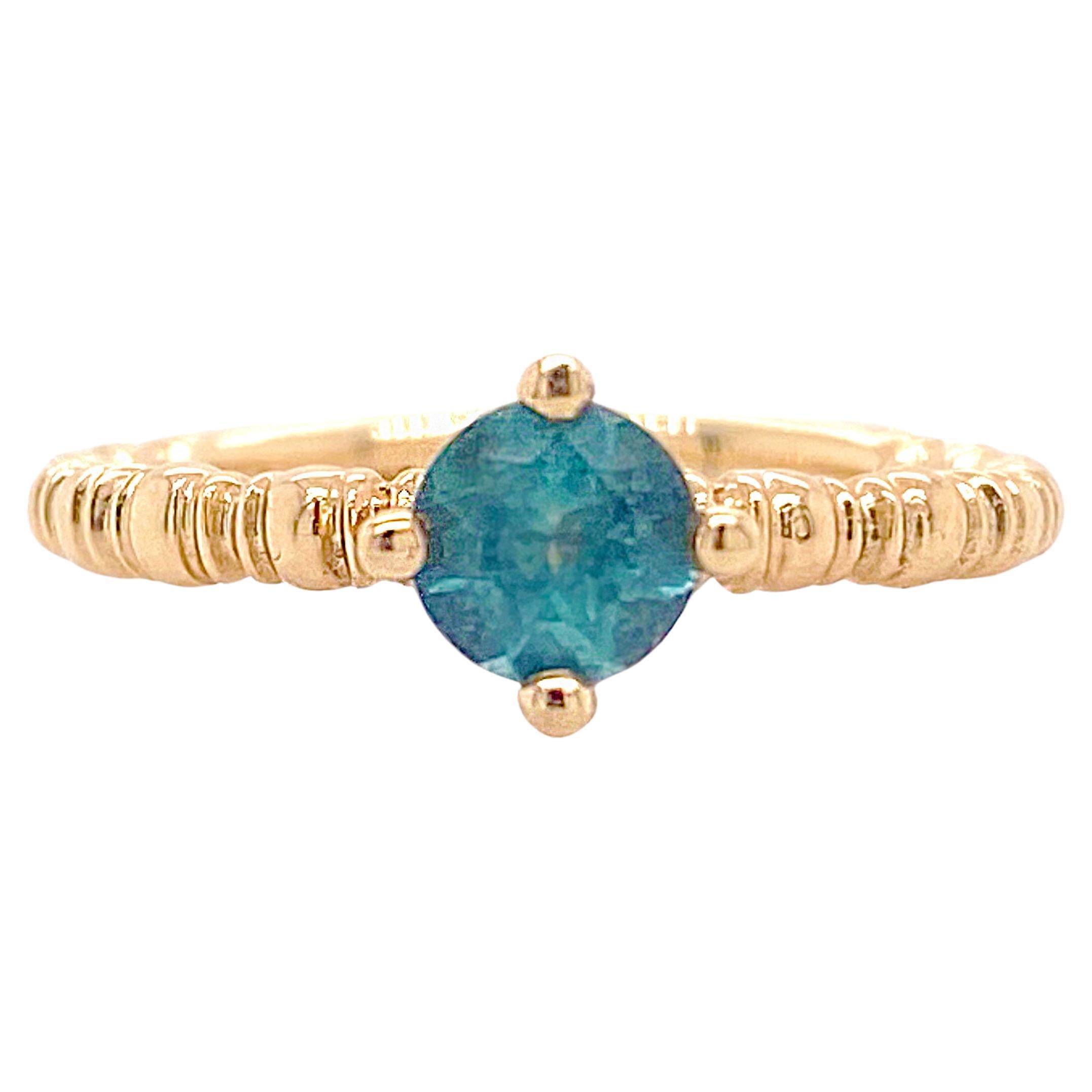 Solitaire Apatite Ring, Yellow Gold, Textured Band with Genuine Vibrant Apatite For Sale