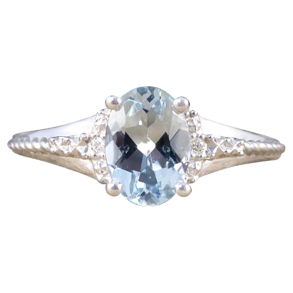 Solitaire Aquamarine and Diamond Illusion Set Ring in White Gold For Sale