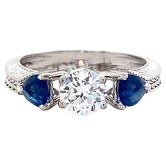 Solitaire Blue Sapphire Natural Diamond Ring in 14K Solid Gold (Certified)