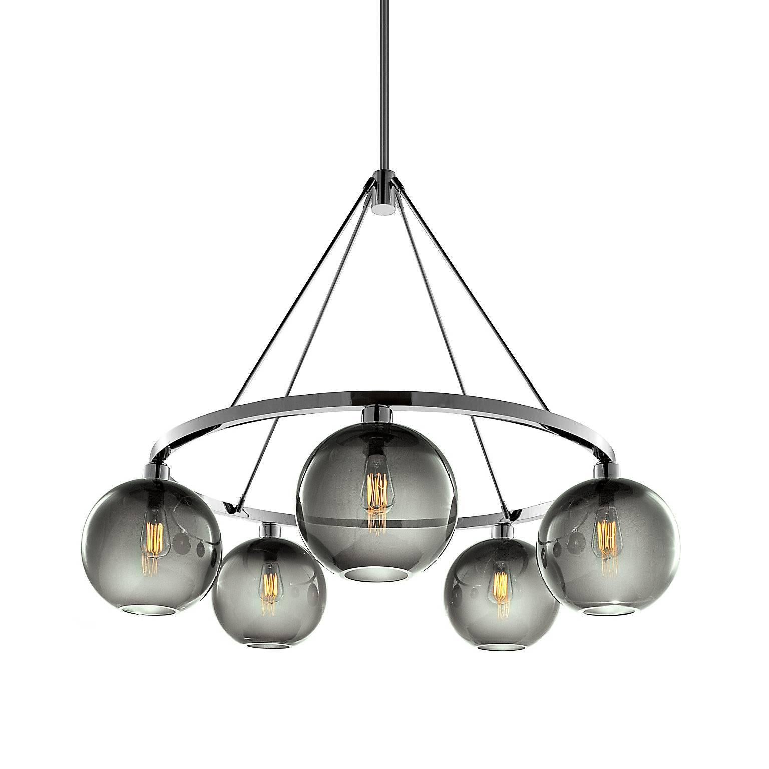 Solitaire Chocolate Handblown Modern Glass Polished Nickel Chandelier Light, Mad In New Condition In Beacon, NY