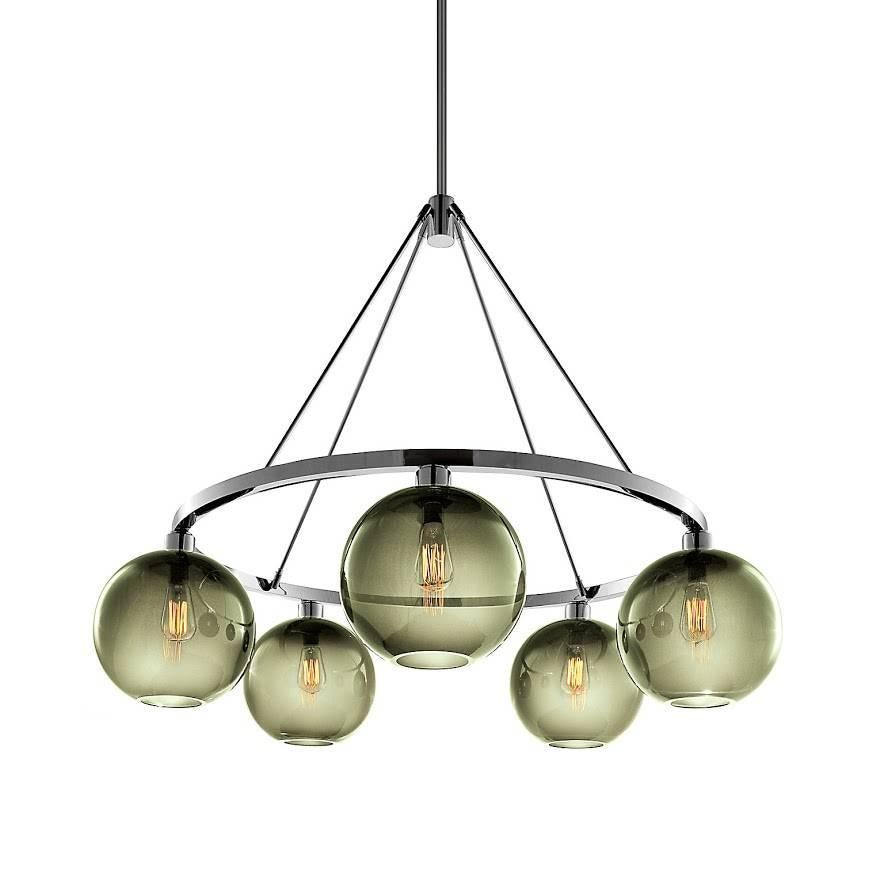 Contemporary Solitaire Crystal Handblown Modern Glass Polished Nickel Chandelier Light For Sale