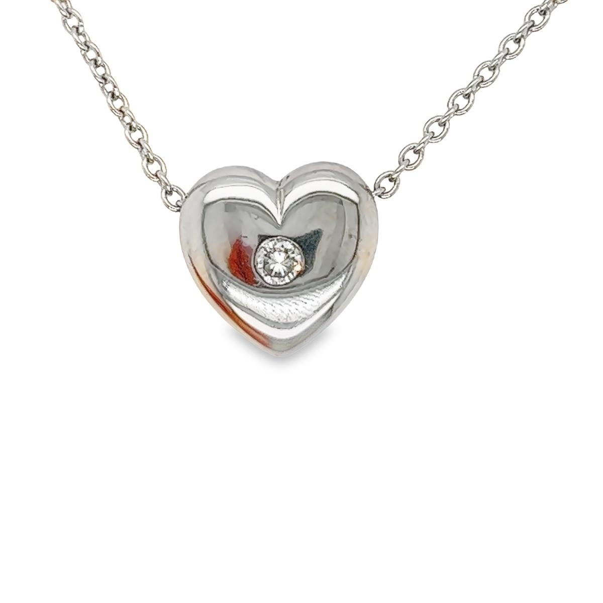 This is a perfect gift for the one you love, the 18ct White Gold pendant in a heart shape with 0.05ct Diamond is suspended on 14ct White Gold 18'' chain with trigger clasp. Can be worn with any outfit.

Additional Information:
Total Diamond Weight:
