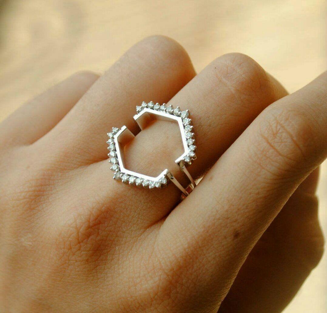 Solitaire Diamond Ring Hexagon Halo Ring Enhancer 14k Gold In New Condition For Sale In Chicago, IL