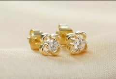 Solitaire Diamond Stud Clover Earring 14k Solid Gold Flower Round Diamond Studs.