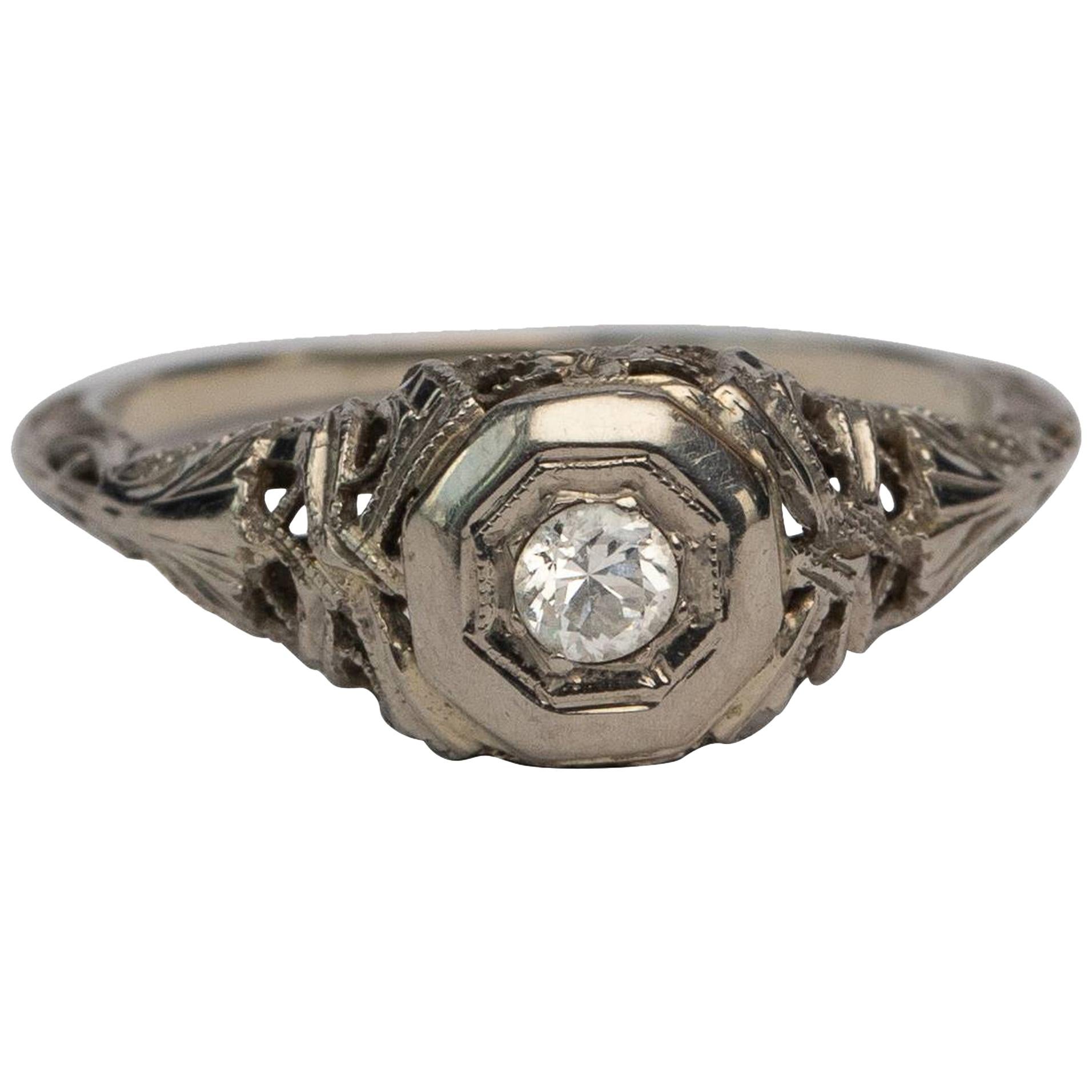 Solitaire Diamond White Gold Filigree Carved Engagement Ring