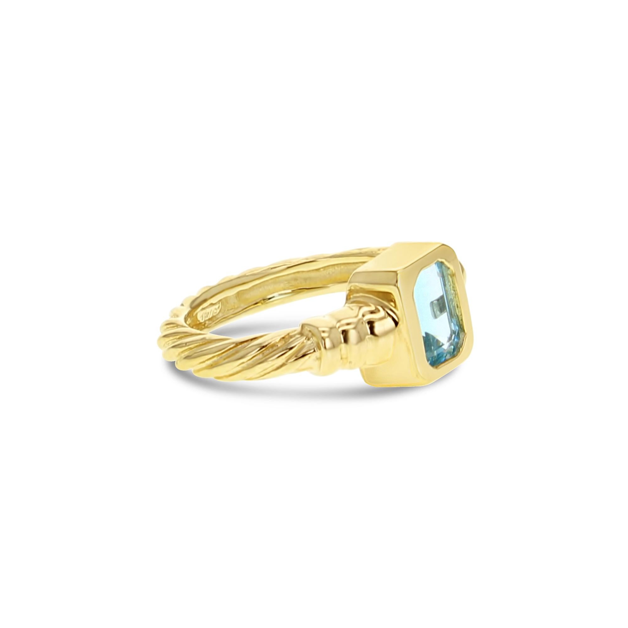 Solitaire Emerald Cut Blue Topaz Ring with Rope Band In New Condition For Sale In Sugar Land, TX