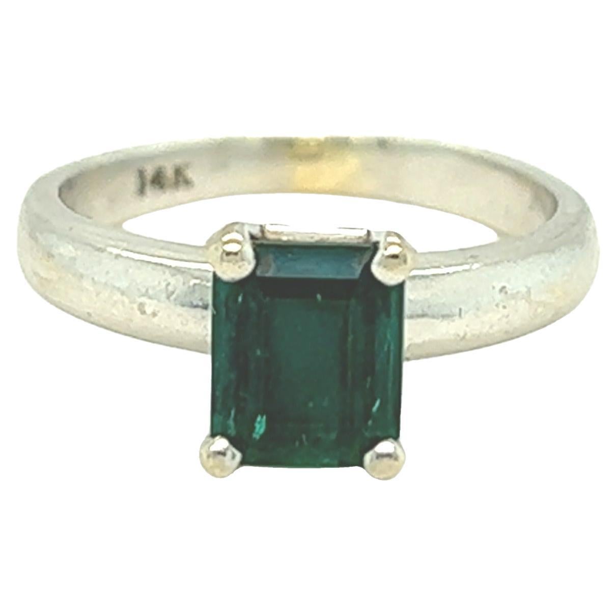 Solitaire Emerald Cut Emerald Ring 14k White Gold For Sale