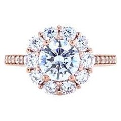 Solitaire Flower Round Halo Natural Diamond Ring in 14K Solid Gold (Certified)