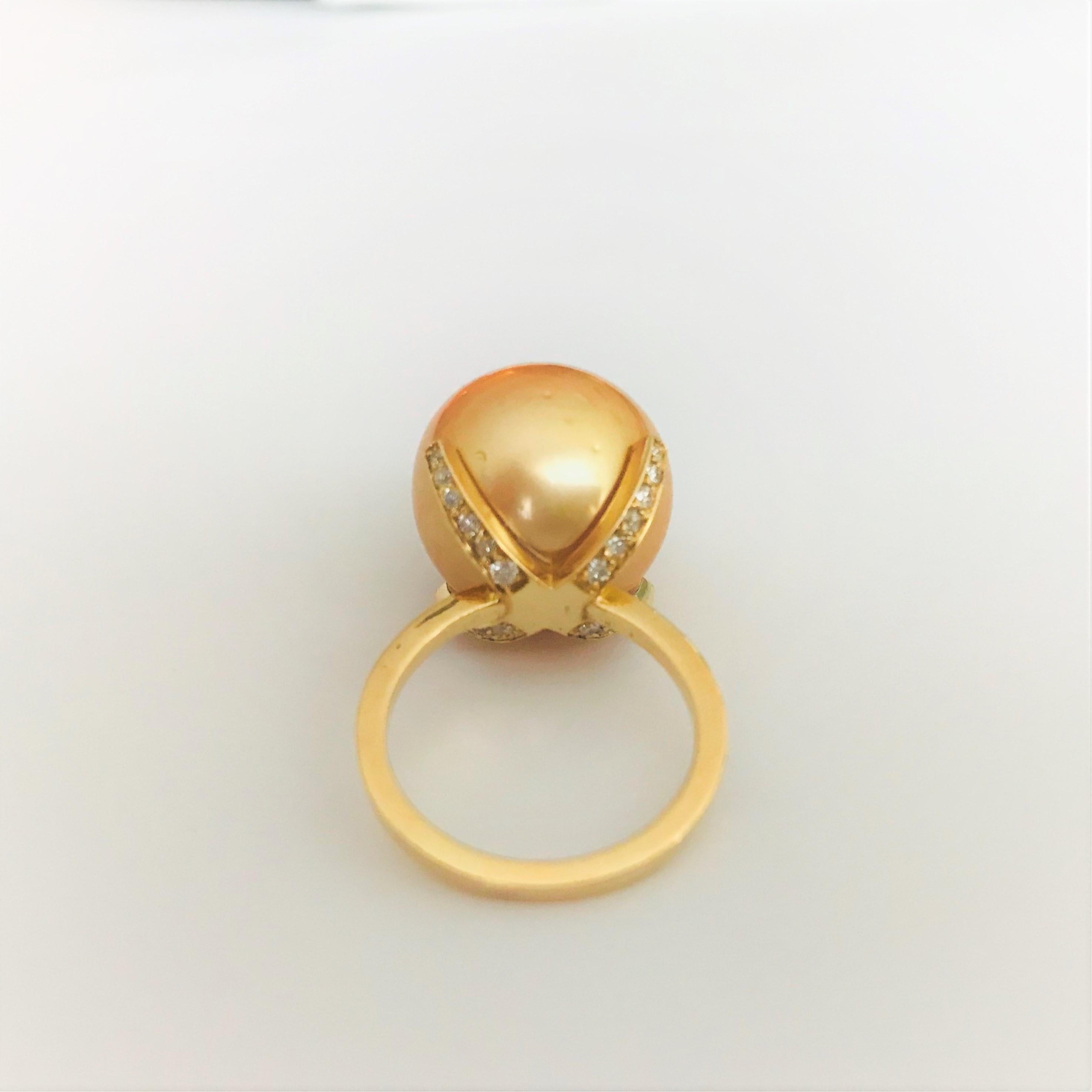 Modern Solitaire Gold Pearl Diamonds 18 Karat Yellow Gold Cocktail Ring For Sale