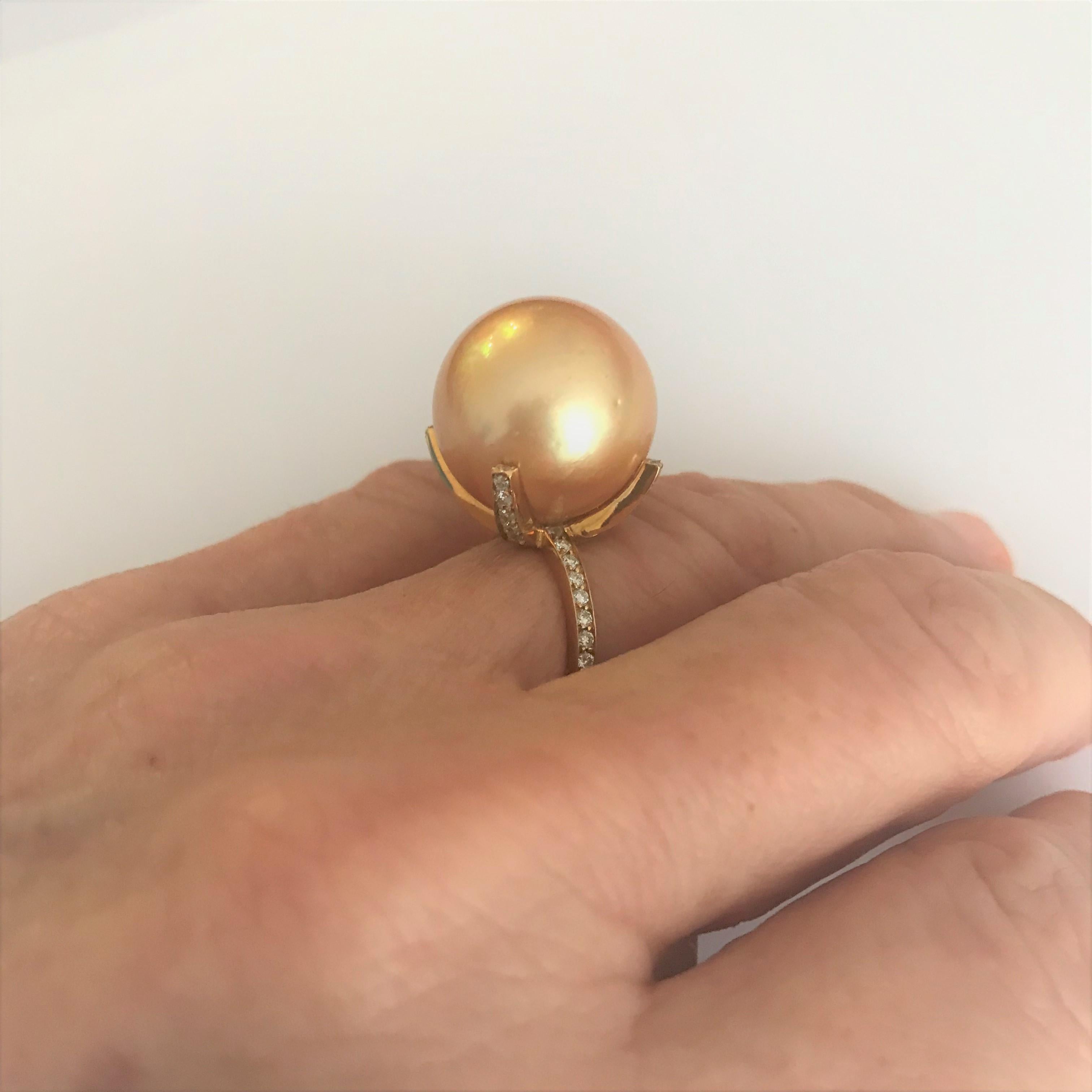 Round Cut Solitaire Gold Pearl Diamonds 18 Karat Yellow Gold Cocktail Ring For Sale