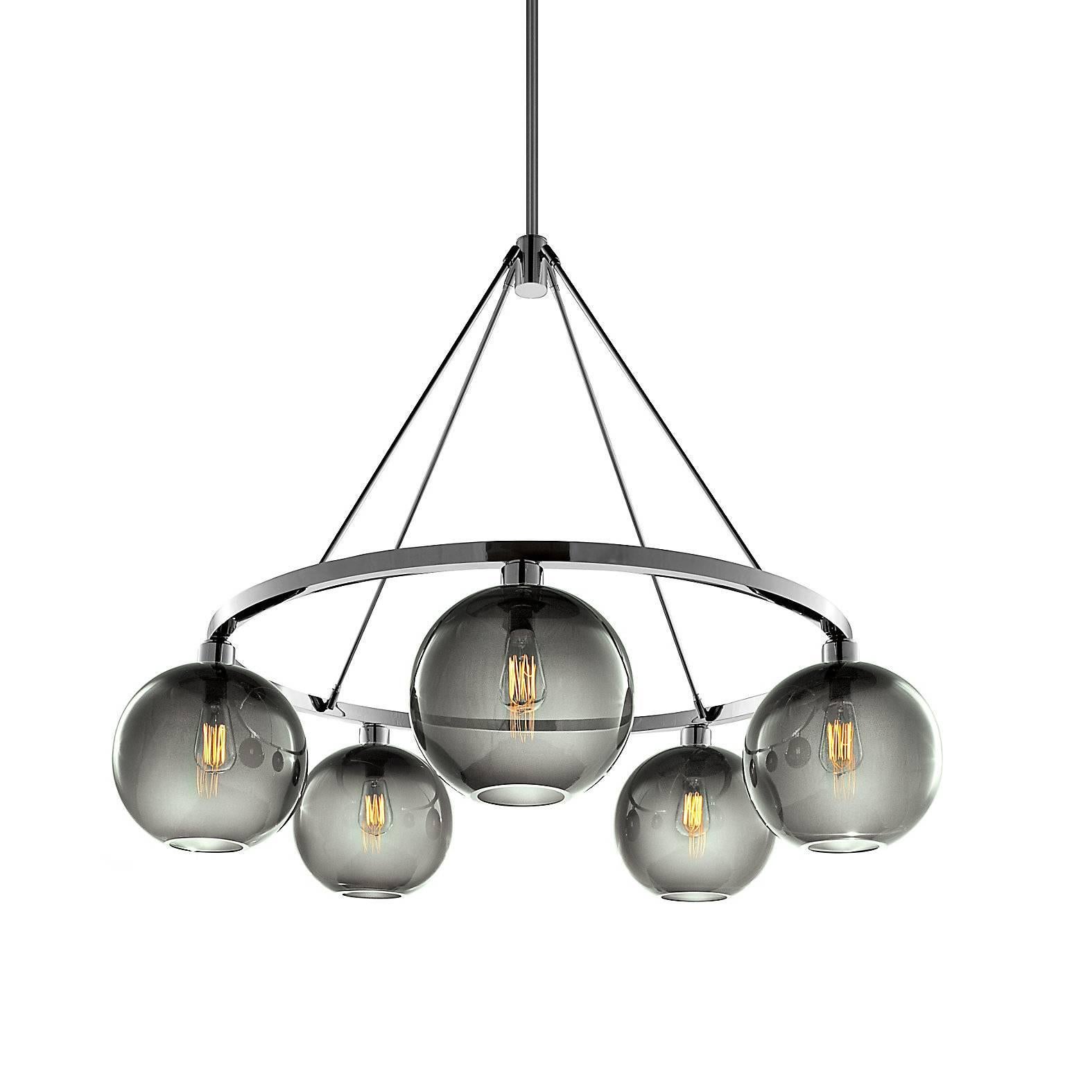 Solitaire Gray Handblown Modern Glass Polished Nickel Chandelier Light, Made in For Sale