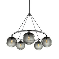 Solitaire Gray Handblown Modern Glass Polished Nickel Chandelier Light, Made in