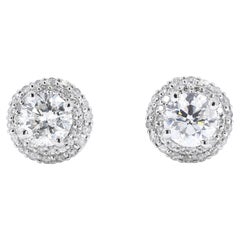 Solitaire Halo Natural Diamond Stud Earrings in 14K Solid Gold (Certified)