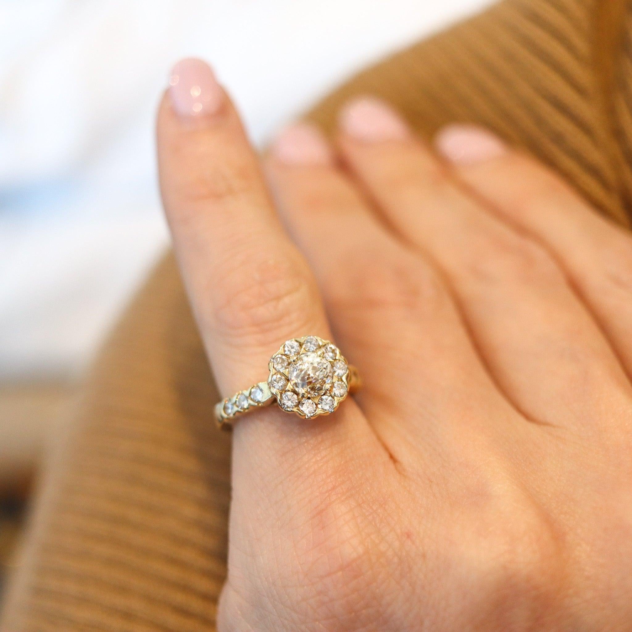 A solitaire halo-ring with rose cut diamond.

This is a very unusual contemporary solitaire halo-ring created in New York City, United States, back in the 1990. The ring has been crafted with classic patterns in solid yellow gold of 14 karats with